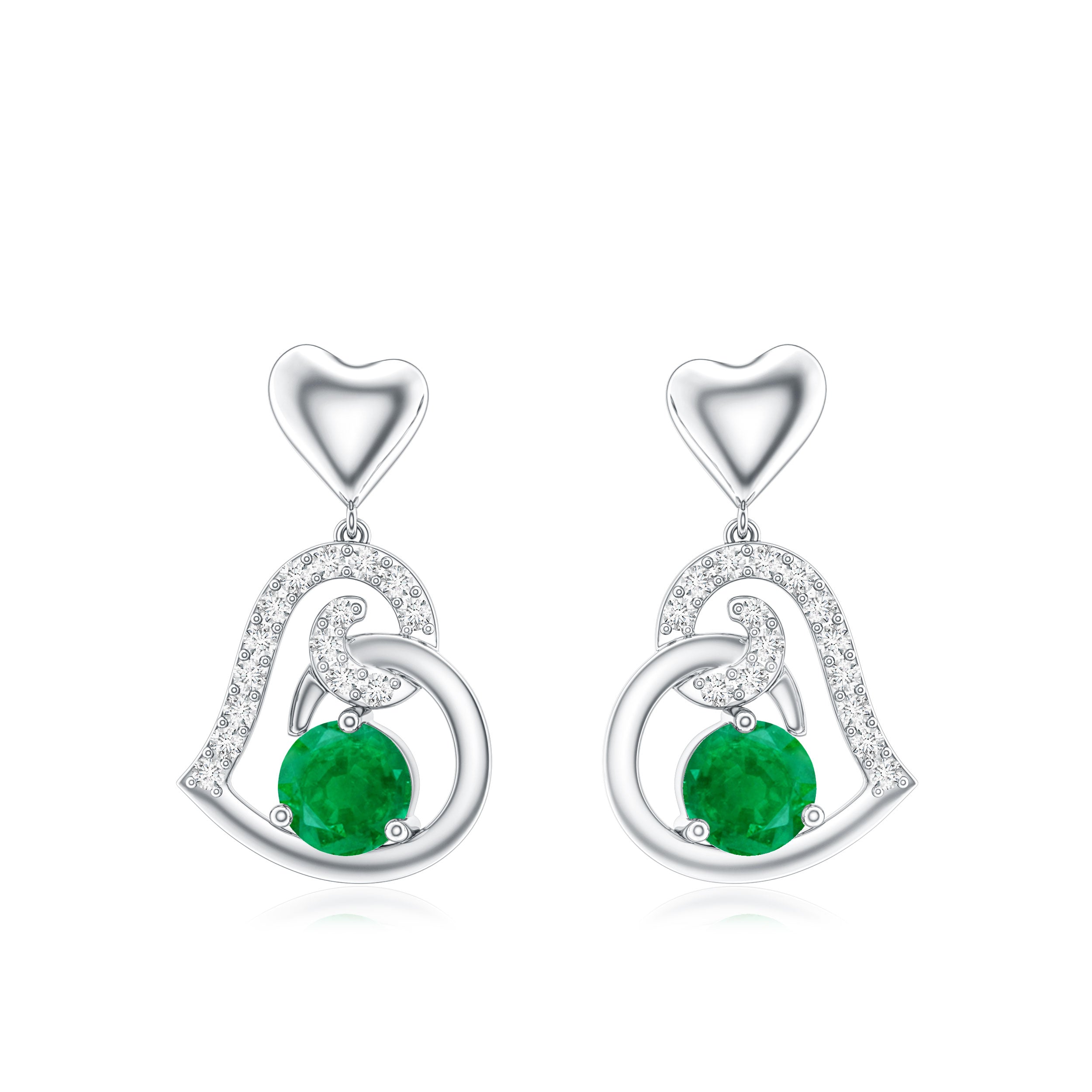 0.9 Carat Round Emerald and Diamond Heart Drop Earrings