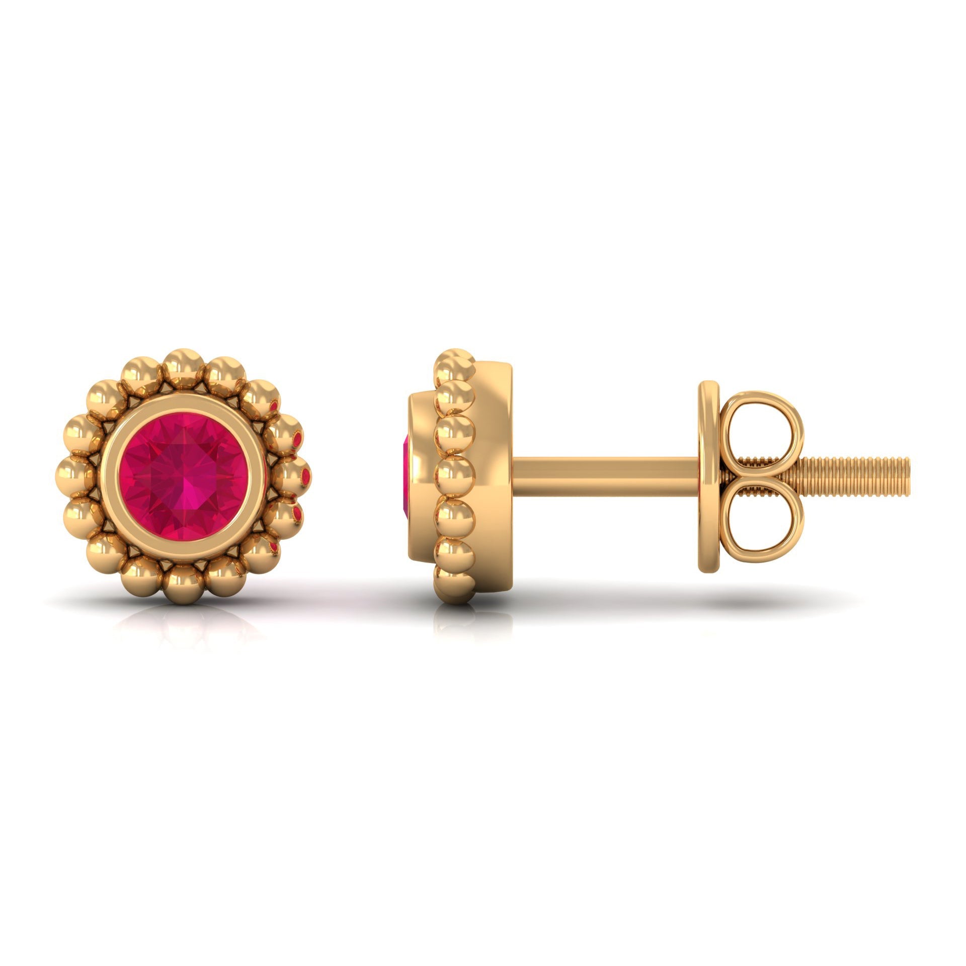 0.5 Carat Solitaire Ruby Stud Earrings in Beaded Bezel Setting