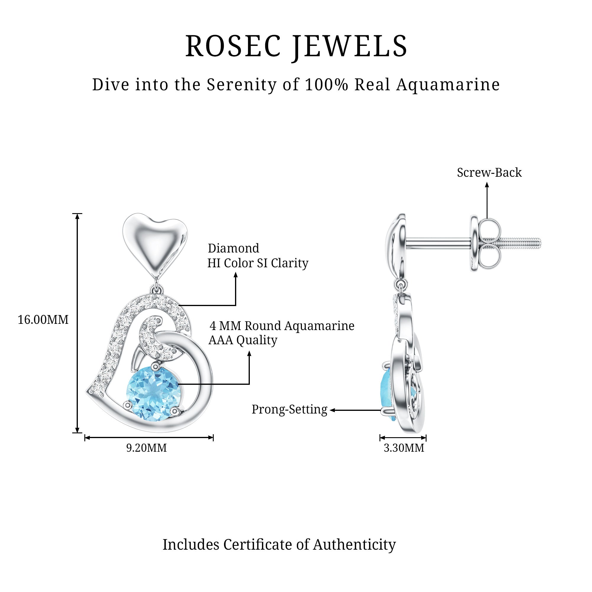 Natural Aquamarine Heart Drop Earrings with Diamond