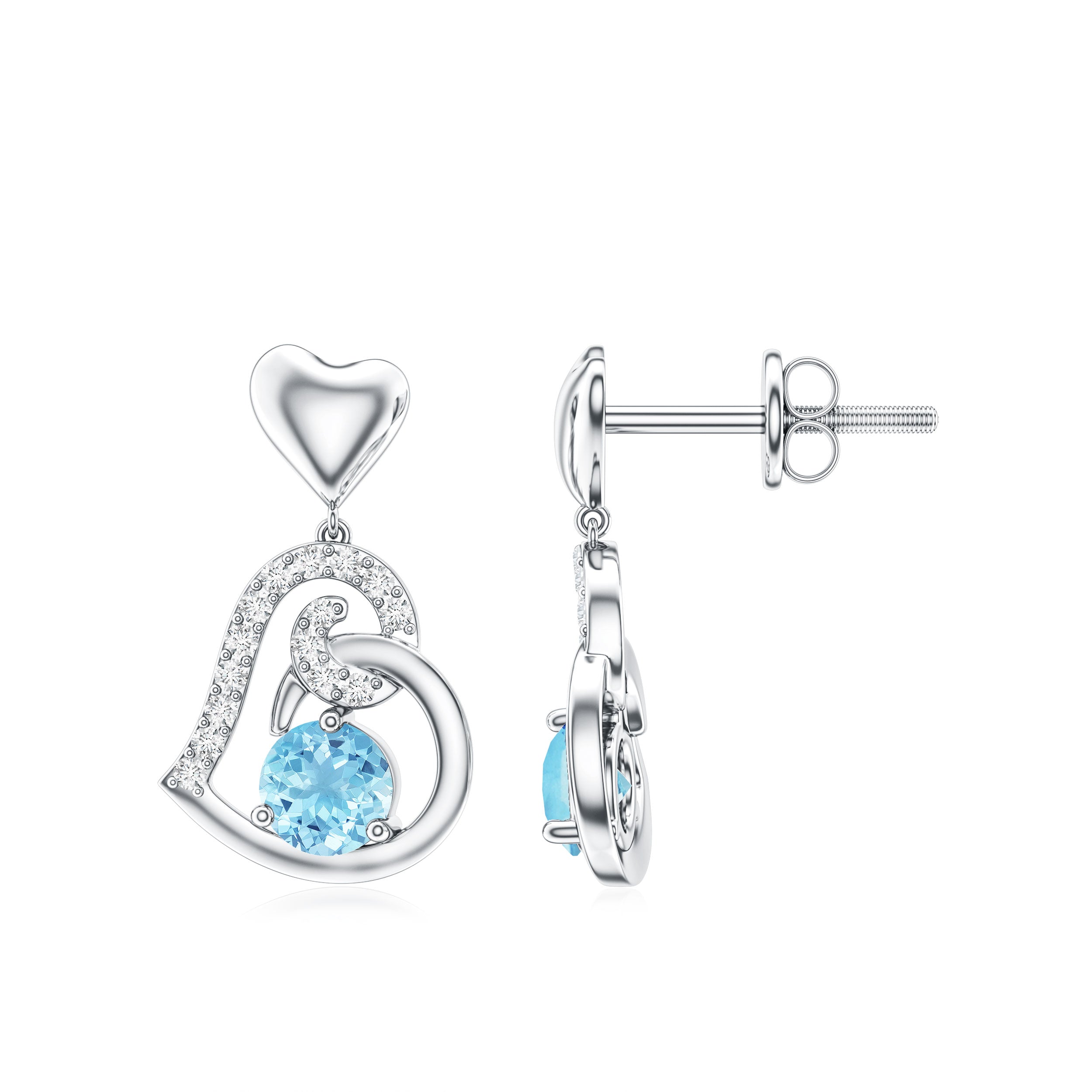 Natural Aquamarine Heart Drop Earrings with Diamond
