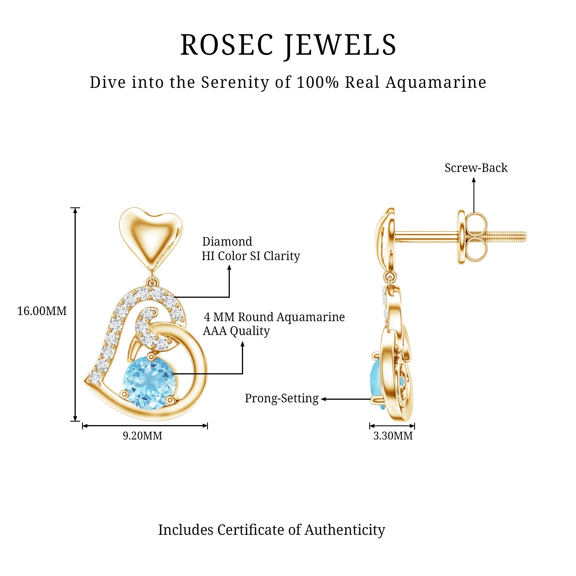 Natural Aquamarine Heart Drop Earrings with Diamond