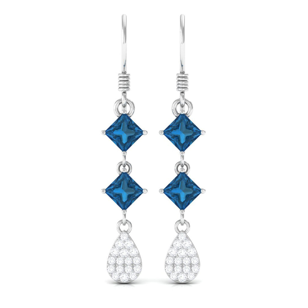 Princess Cut London Blue Topaz Dangle Earrings With Diamond