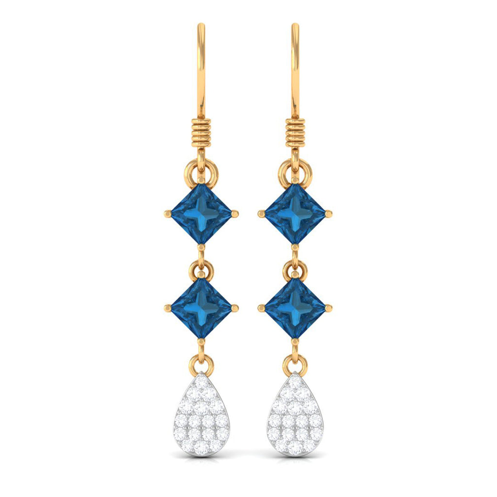 Princess Cut London Blue Topaz Dangle Earrings With Diamond