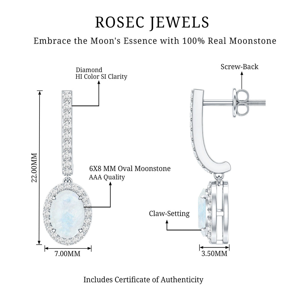 Genuine 1.2 Carat Oval Moonstone Drop Hoop Earrings with Diamond