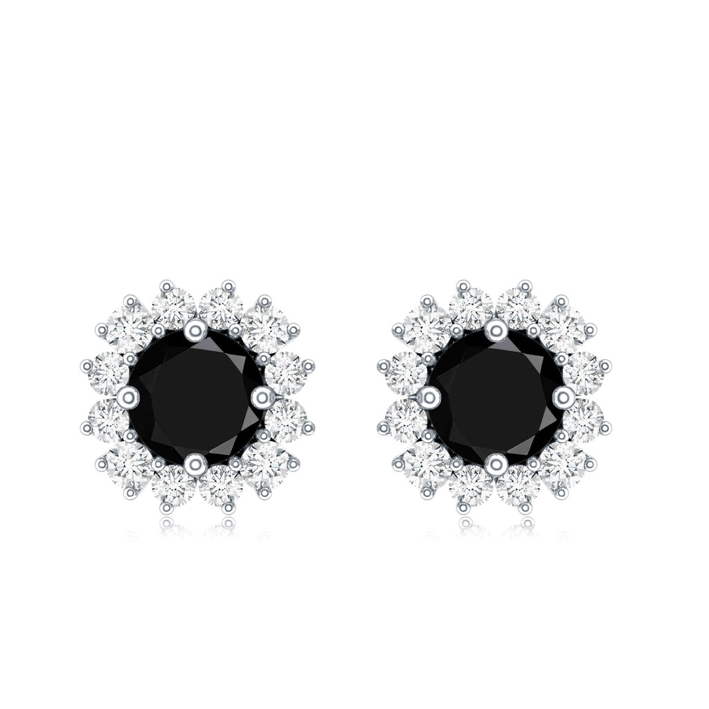 Certified Natural Black Onyx Stud Earrings with Diamond Halo