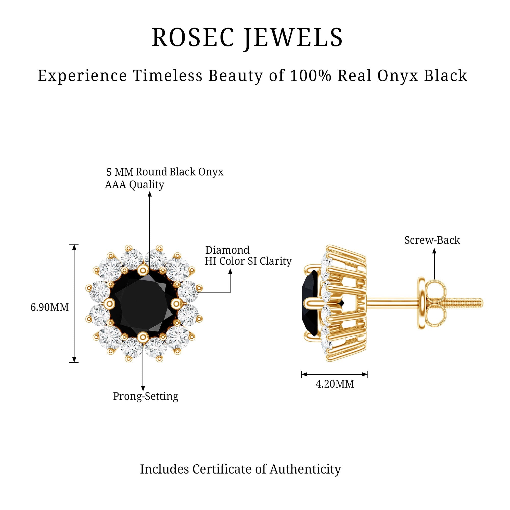 Certified Natural Black Onyx Stud Earrings with Diamond Halo