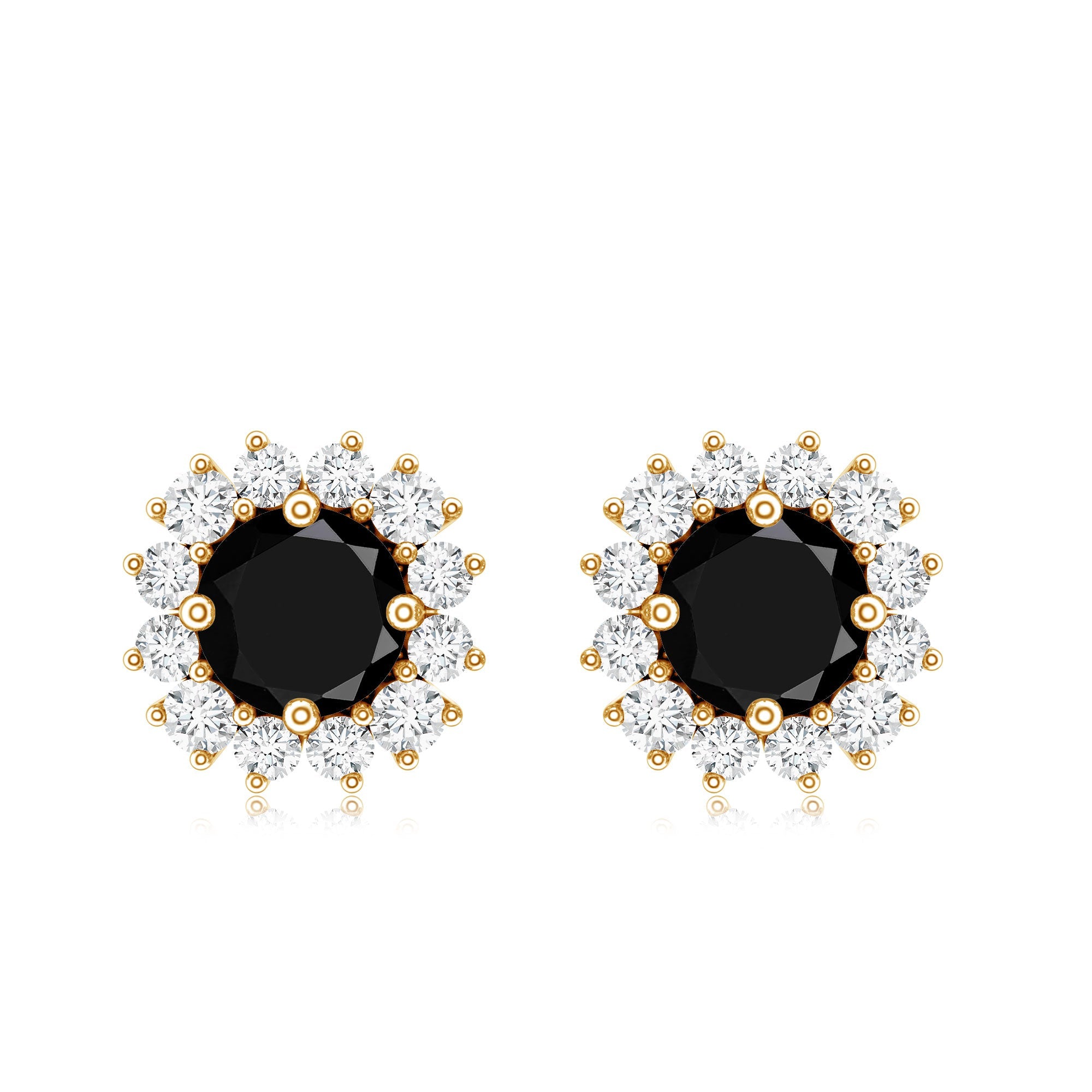 Certified Natural Black Onyx Stud Earrings with Diamond Halo