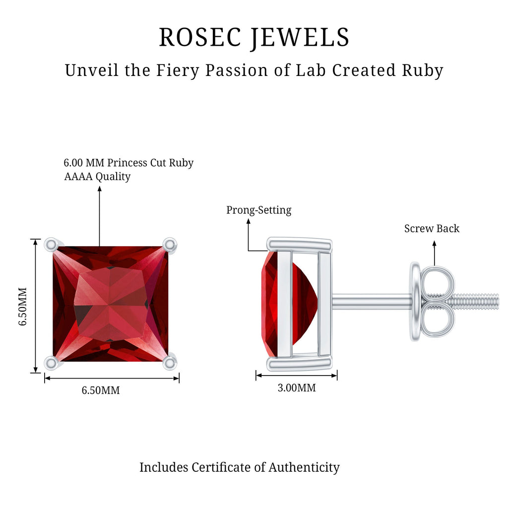 3 Carat Princess Cut Lab Created Ruby Solitaire Stud Earrings