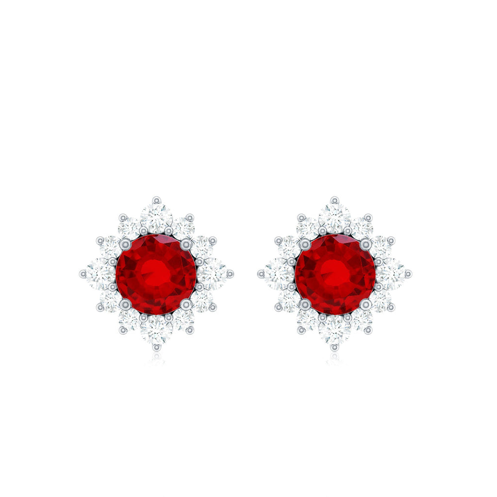 0.6 Carat Lab Grown Ruby Classic Stud Earrings with Diamond Halo