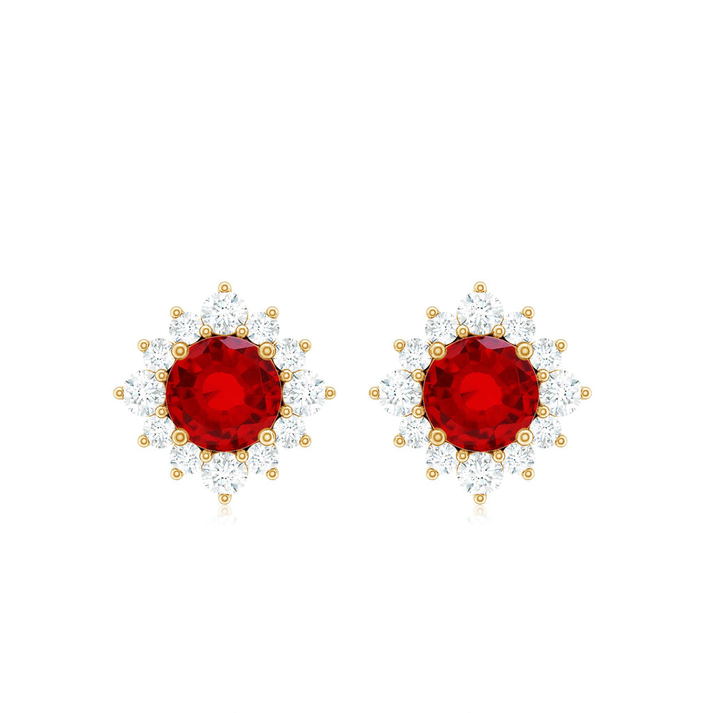 0.6 Carat Lab Grown Ruby Classic Stud Earrings with Diamond Halo