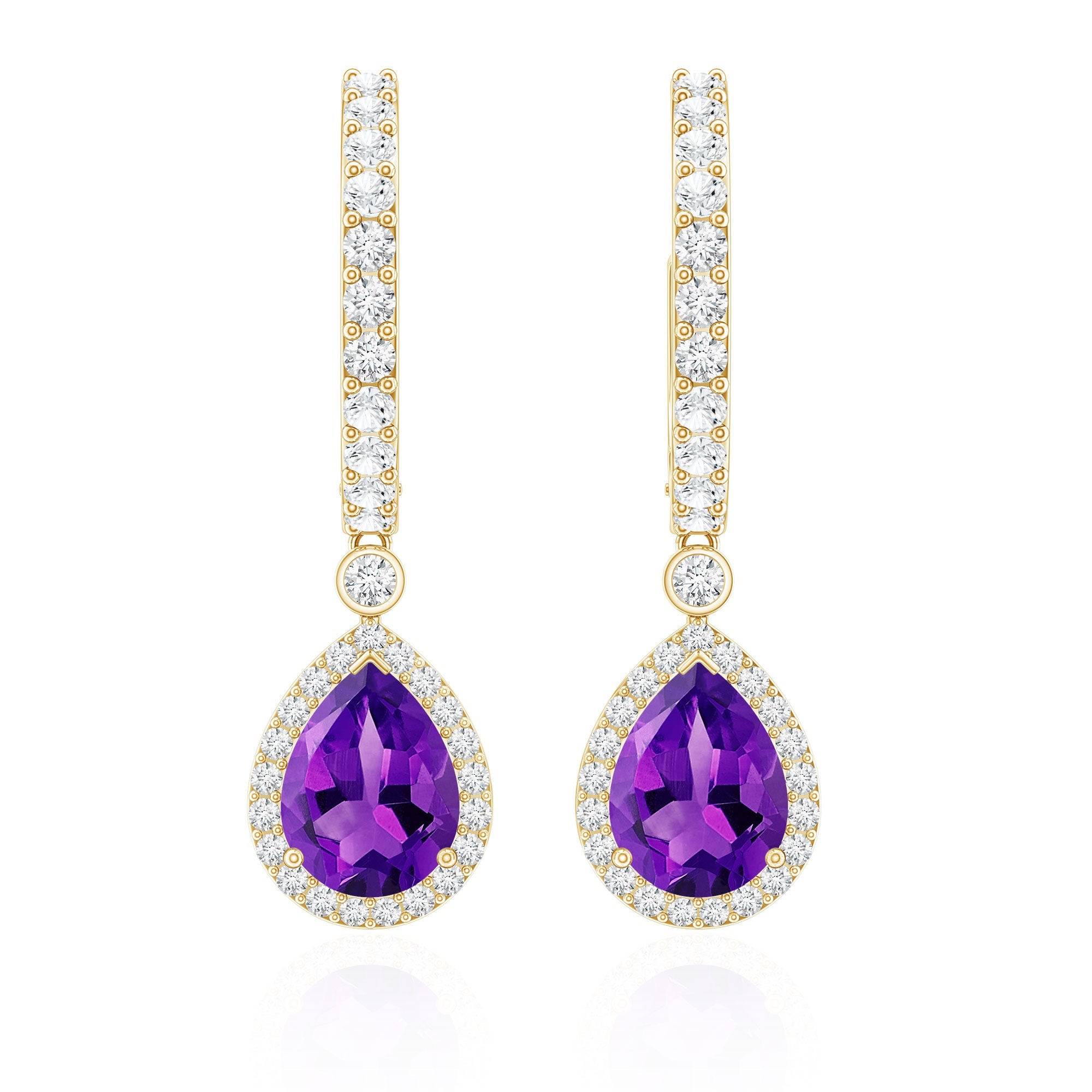 2 Carat Pear Cut Amethyst Hoop Drop Earrings with Diamond Halo