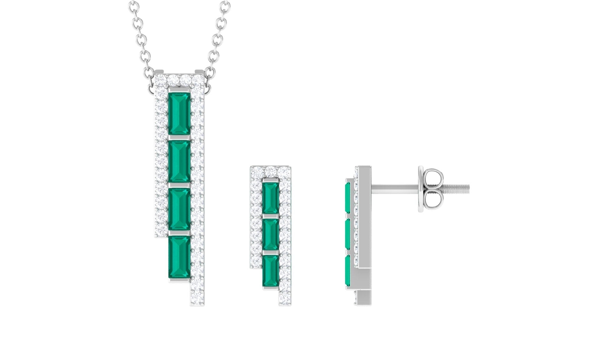 Baguette Cut Emerald Designer Bar Jewelry Set with Diamond