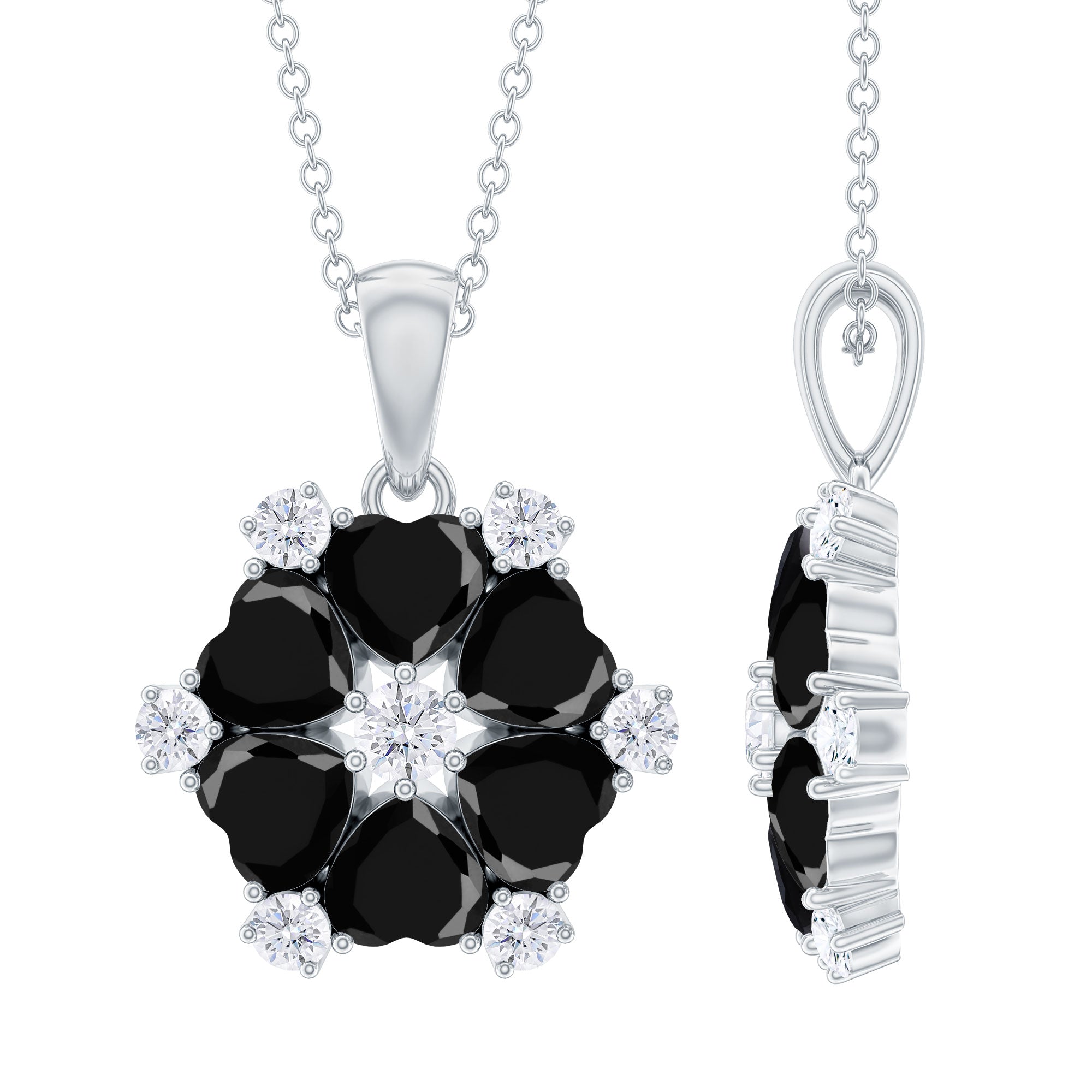 Natural Heart Shape Black Onyx Flower Pendant Necklace With Chain