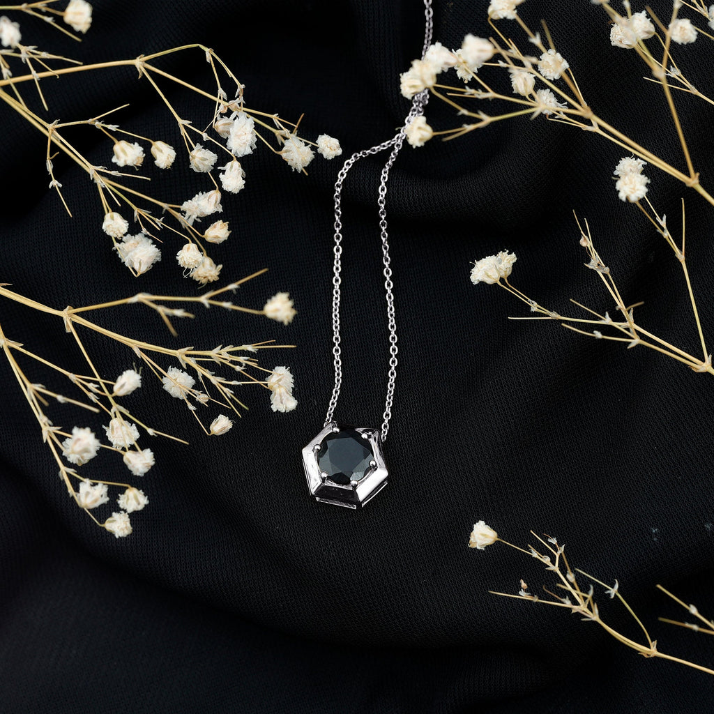 2 Carat Natural Black Onyx Solitaire Hexagon Pendant Necklace