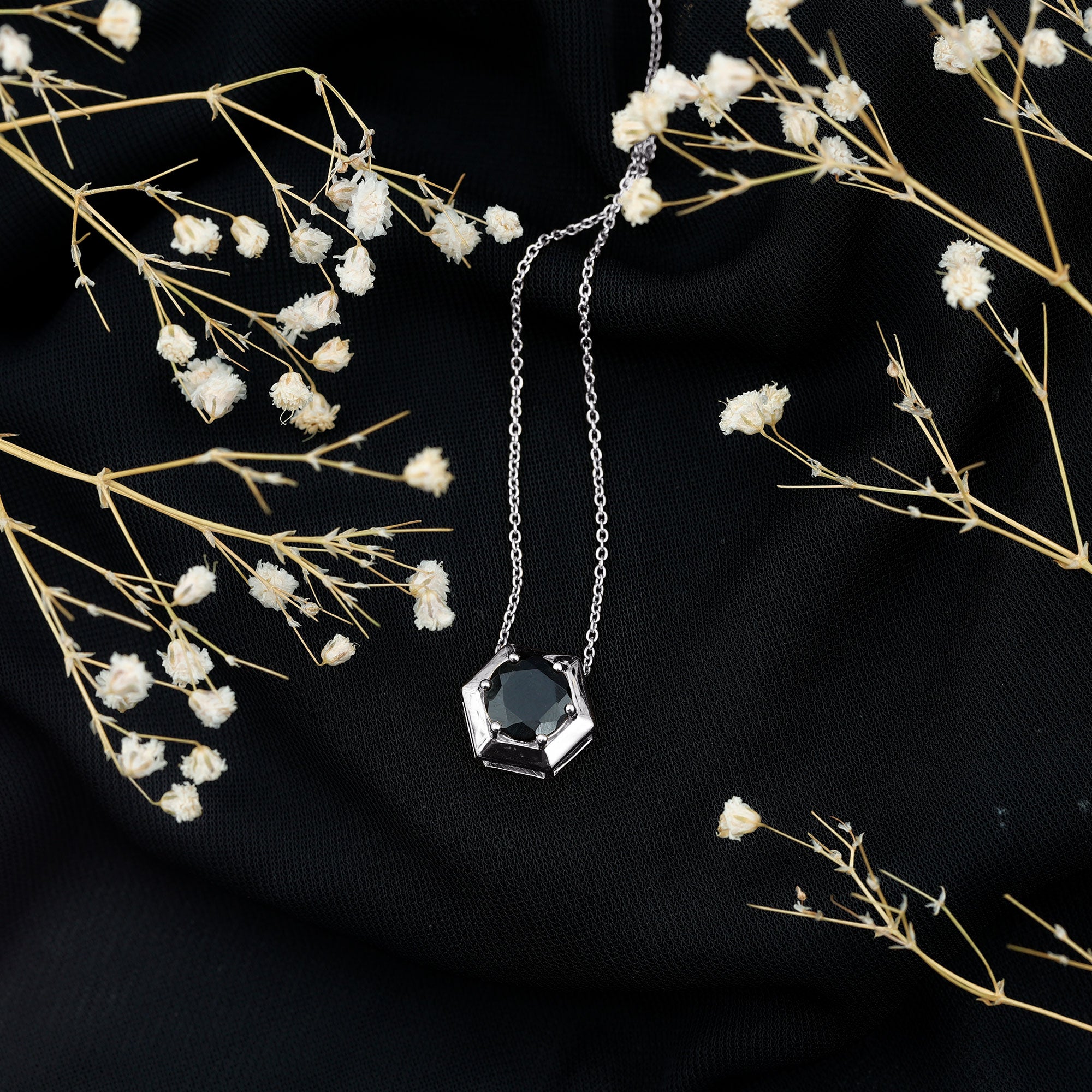 2 Carat Natural Black Onyx Solitaire Hexagon Pendant Necklace