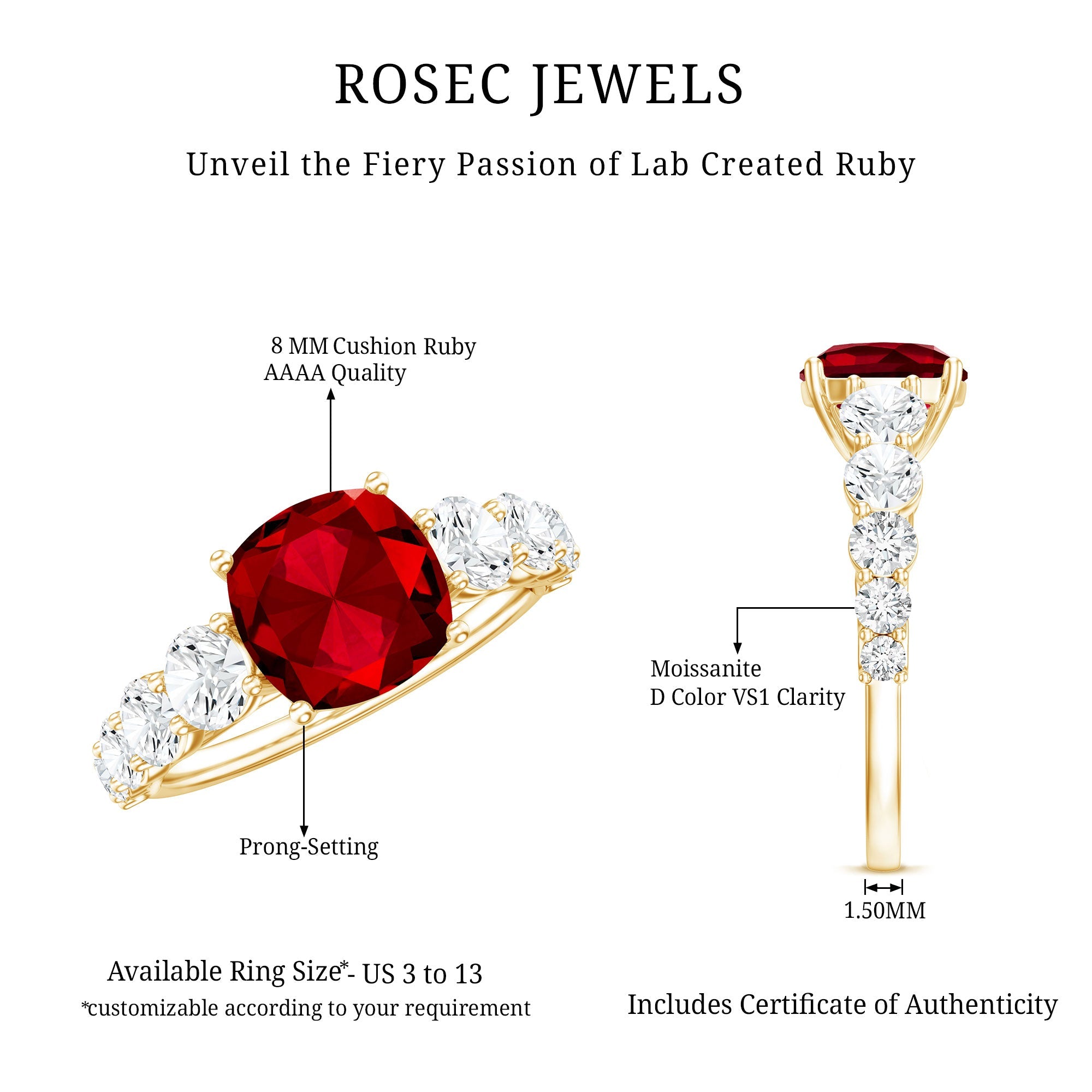 2 Carat Cushion Cut Lab Created Ruby Engagement Ring with Side Stones
