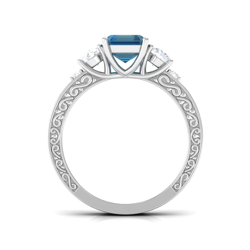 2.25 Carat Emerald Cut London Blue Topaz Statement Ring with Engraved Shank
