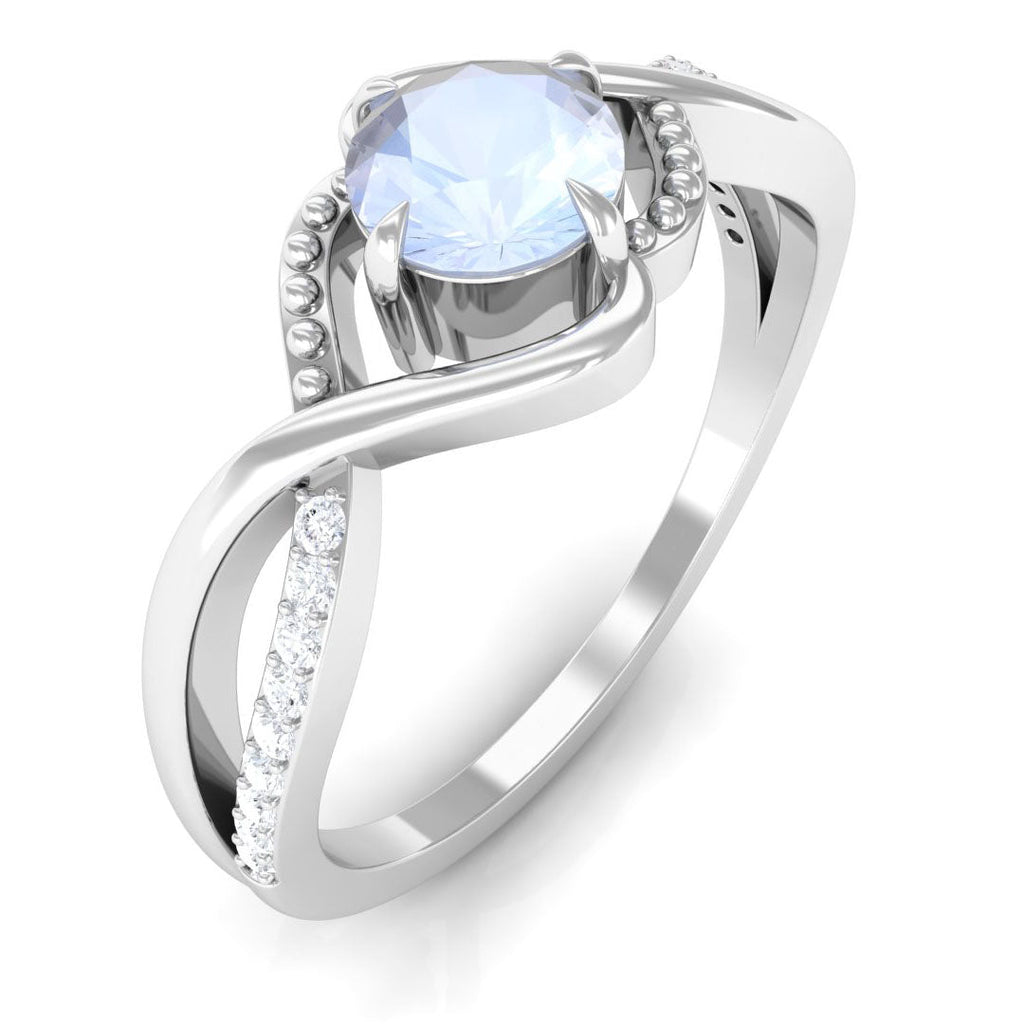 Certified Round Cut Moonstone Solitaire Crossover Ring with Diamond