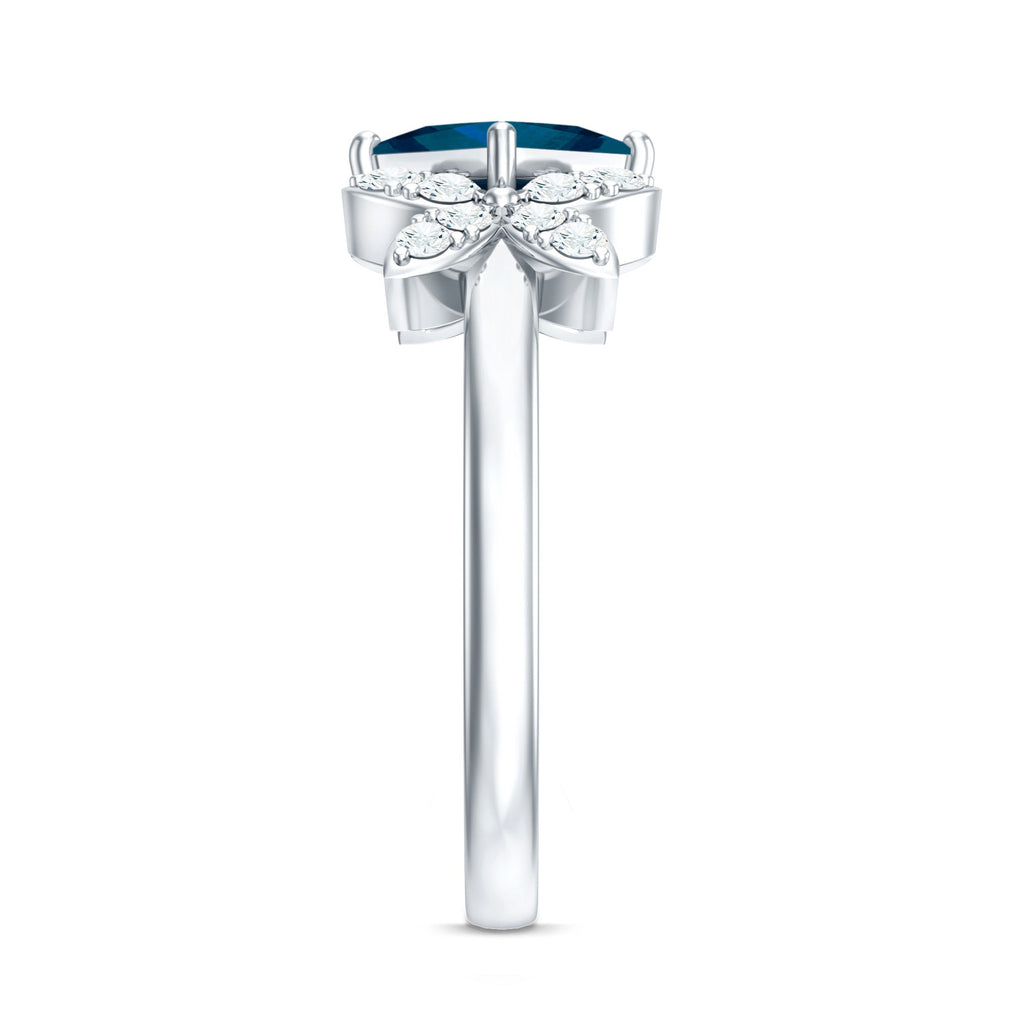 1 Carat Princess Cut London Blue Topaz Floral Engagement Ring with Diamond