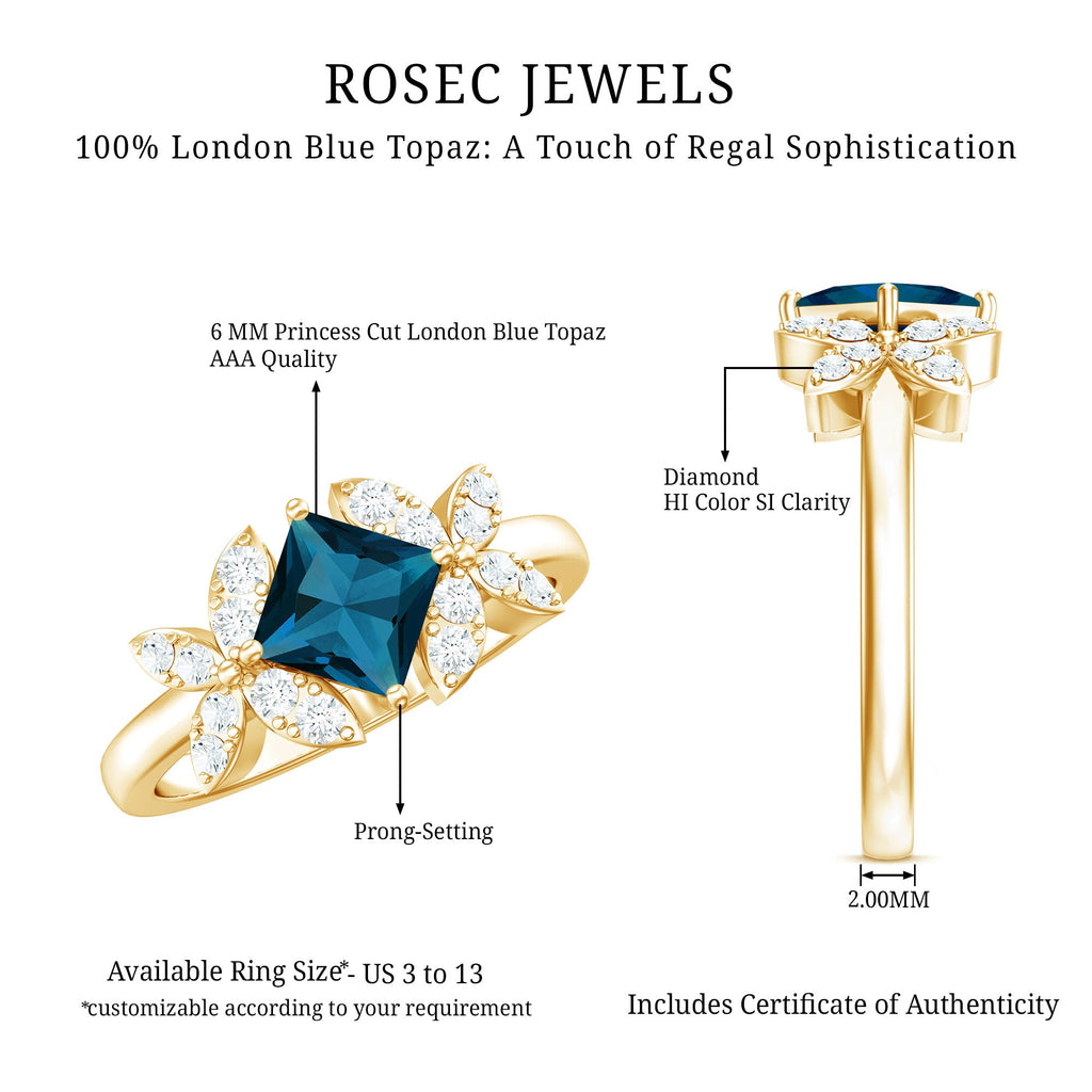 1 Carat Princess Cut London Blue Topaz Floral Engagement Ring with Diamond