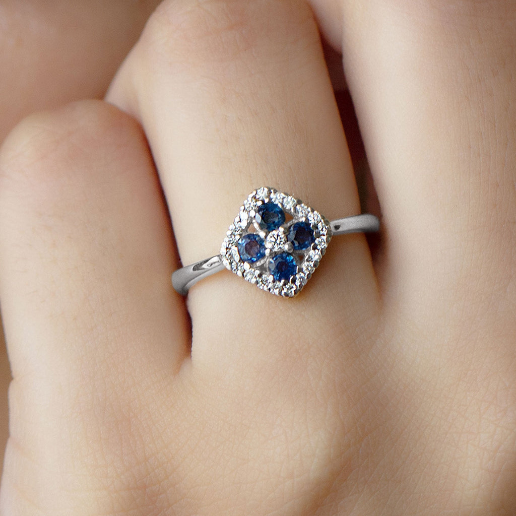 Blue Sapphire Cluster Ring with Diamond Accent