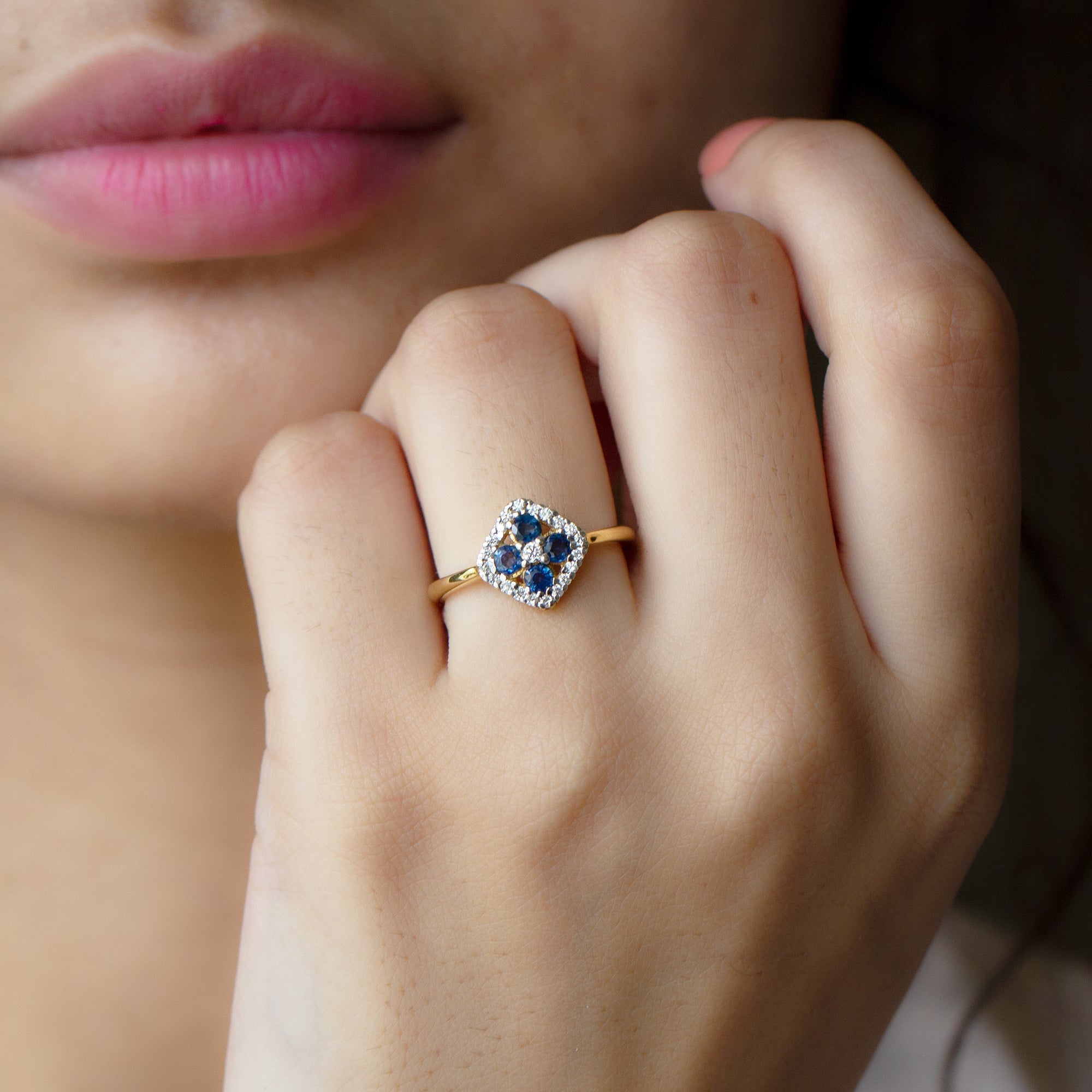 Blue Sapphire Cluster Ring with Diamond Accent