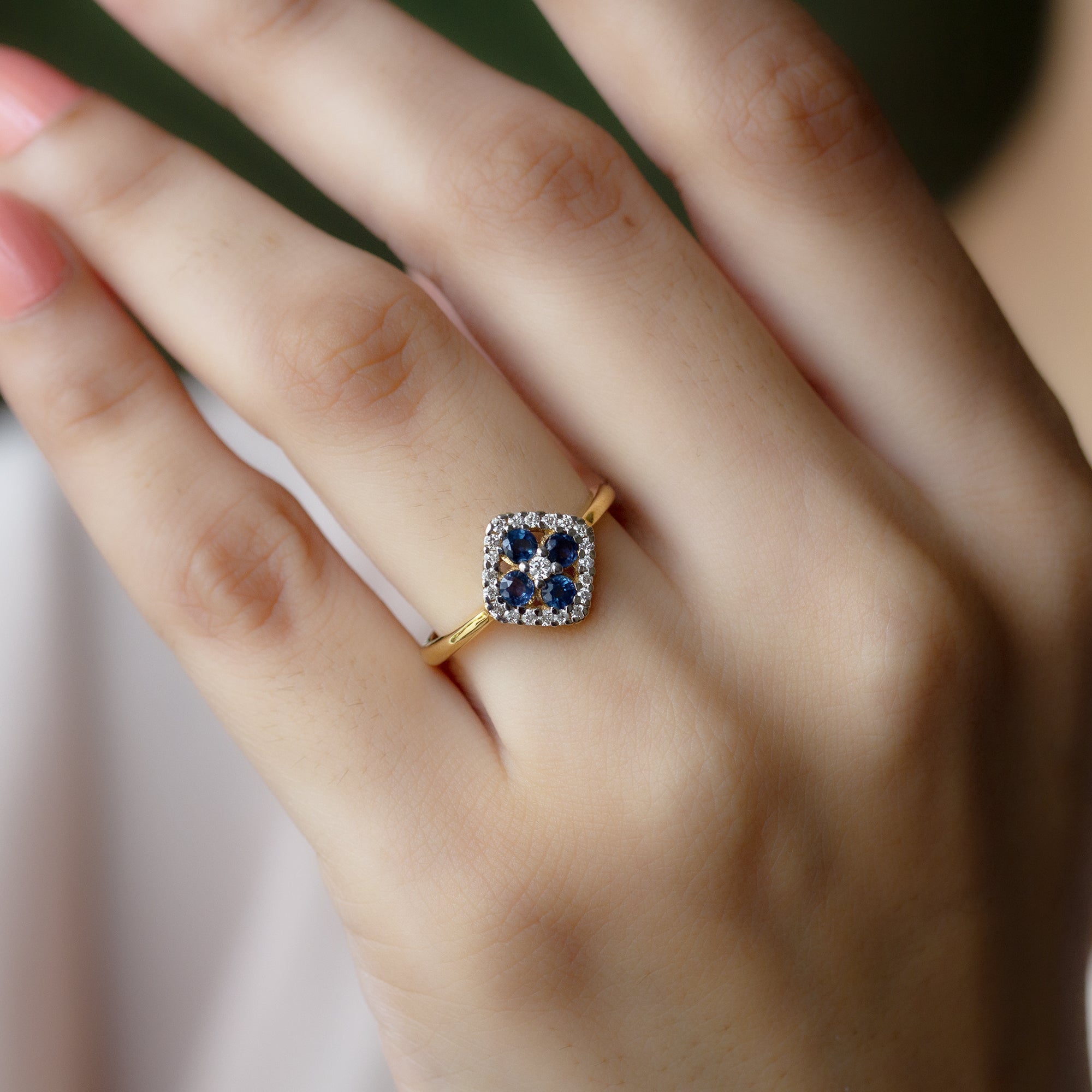 Blue Sapphire Cluster Ring with Diamond Accent