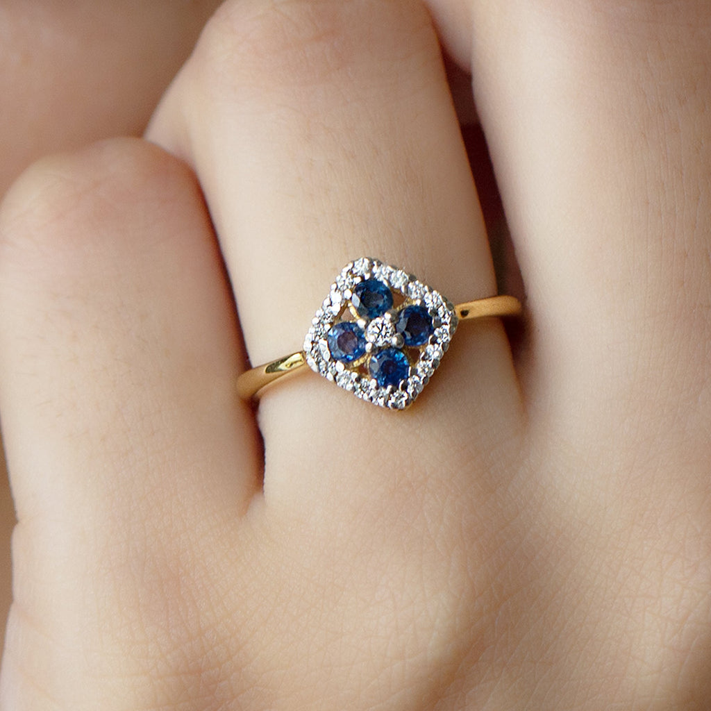Blue Sapphire Cluster Ring with Diamond Accent