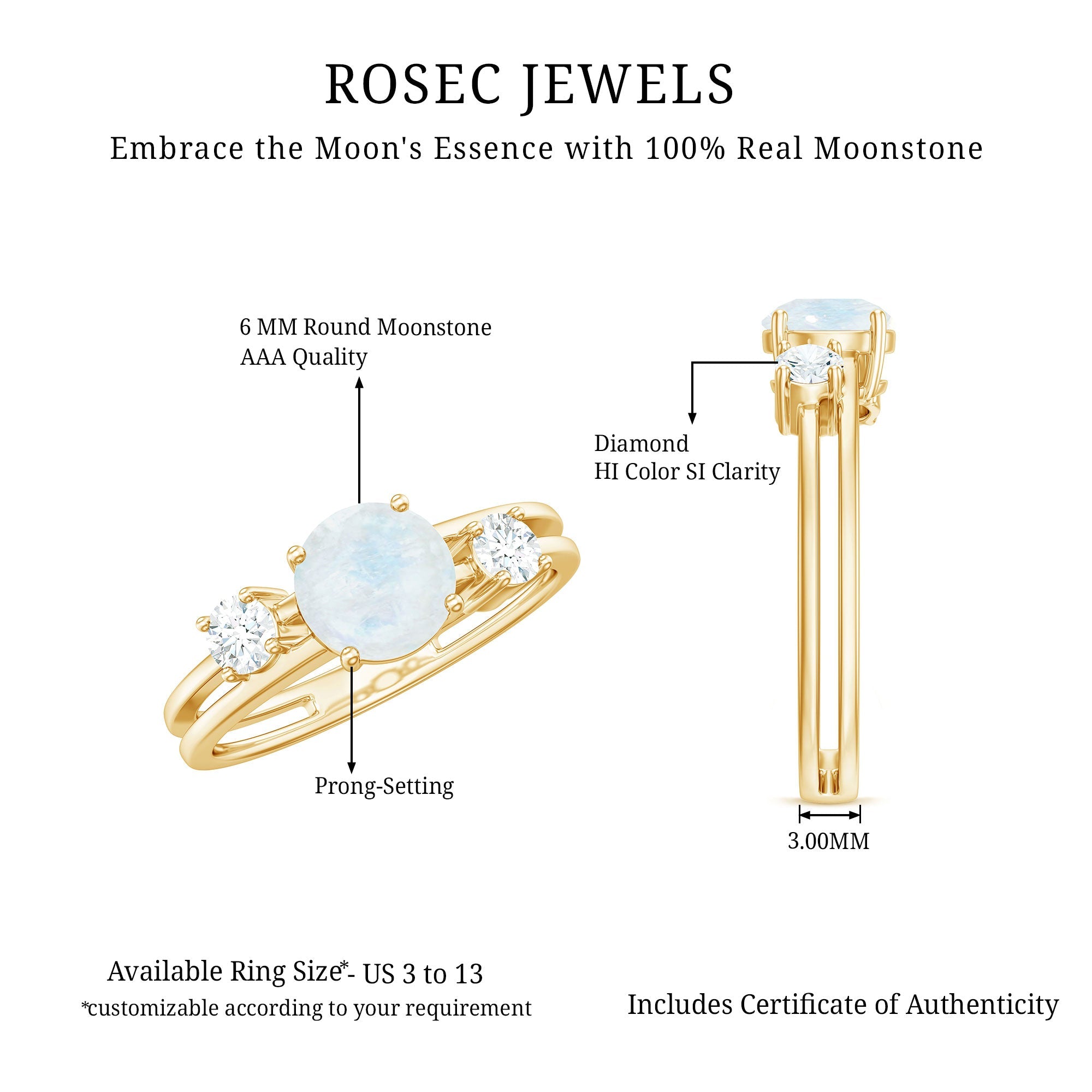 0.3 Carat Moonstone Solitaire Double Band Ring with Diamond