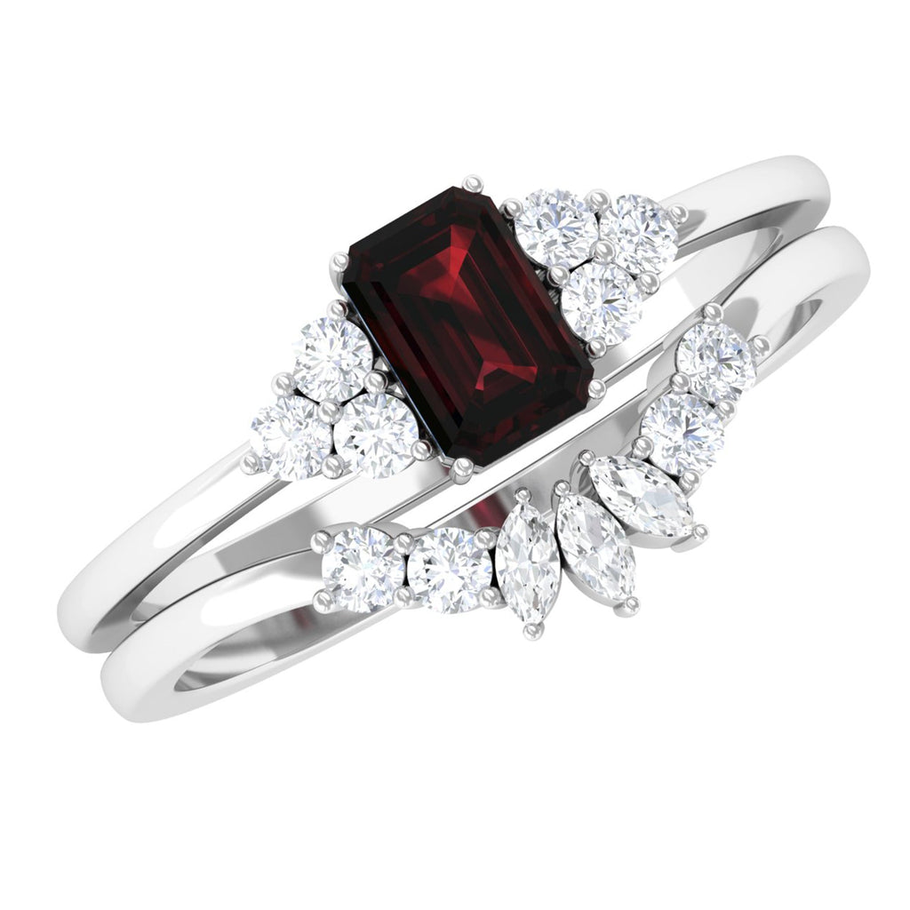 Genuine 0.7 Carat Garnet Diamond Emerald Cut Engagement Wedding Ring Set of 2