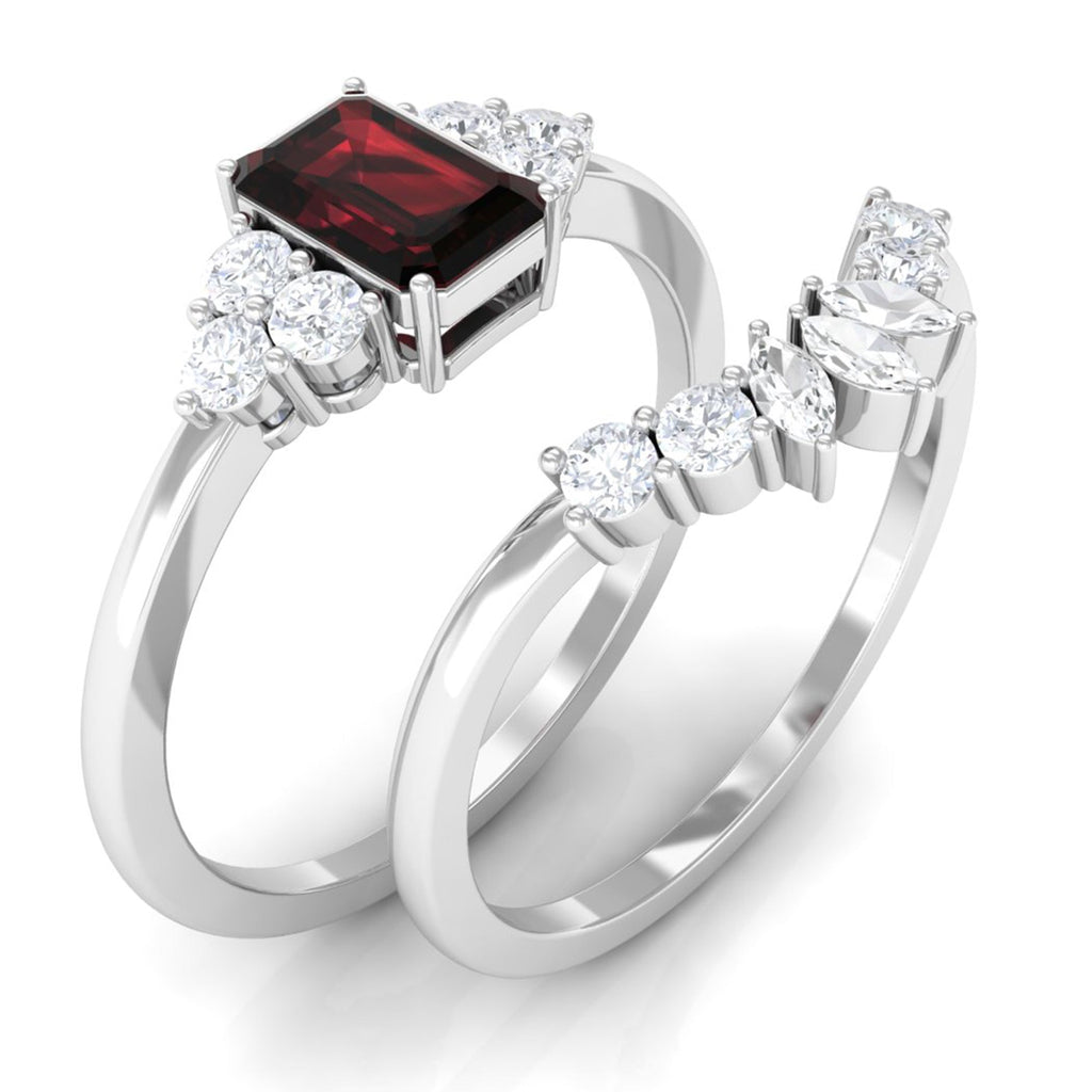 Genuine 0.7 Carat Garnet Diamond Emerald Cut Engagement Wedding Ring Set of 2