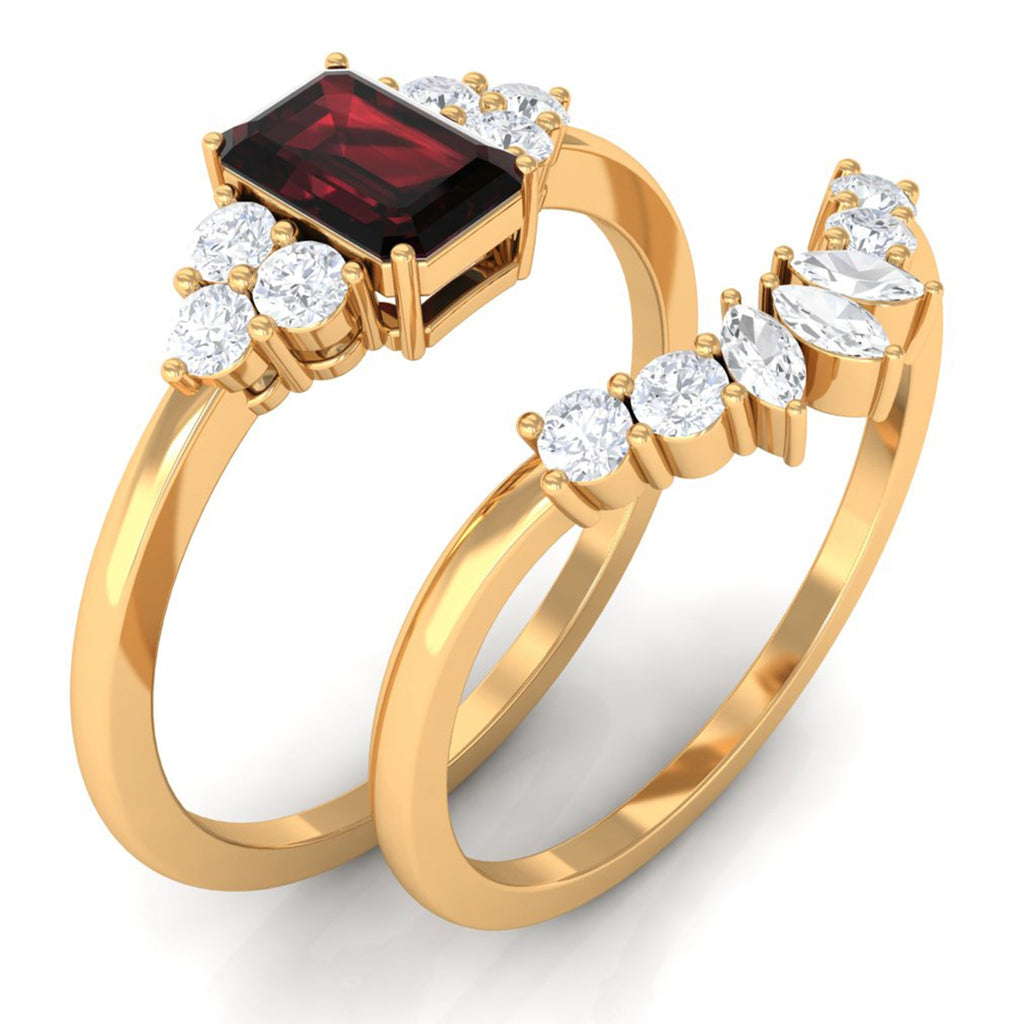 Genuine 0.7 Carat Garnet Diamond Emerald Cut Engagement Wedding Ring Set of 2