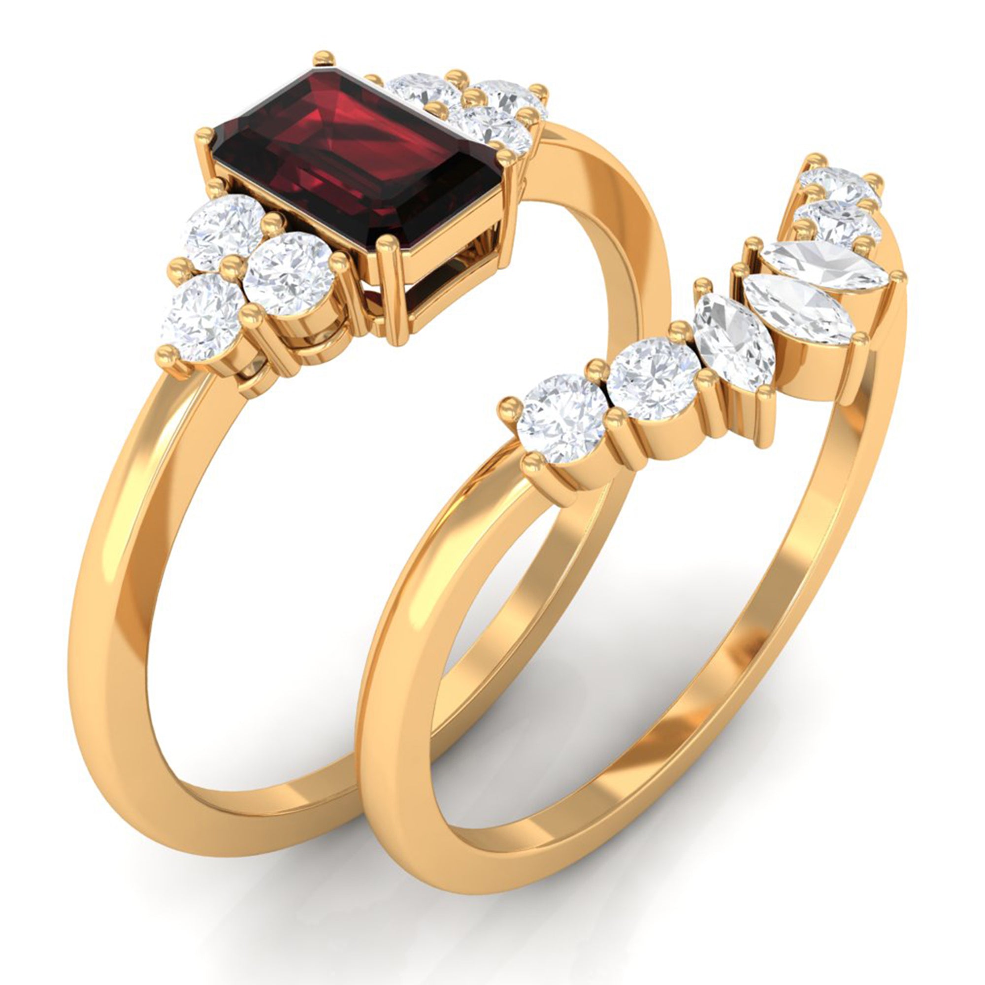 Genuine 0.7 Carat Garnet Diamond Emerald Cut Engagement Wedding Ring Set of 2