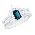 0.7 Carat Emerald Cut London Blue Topaz Solitaire Trio Ring Set with Diamond