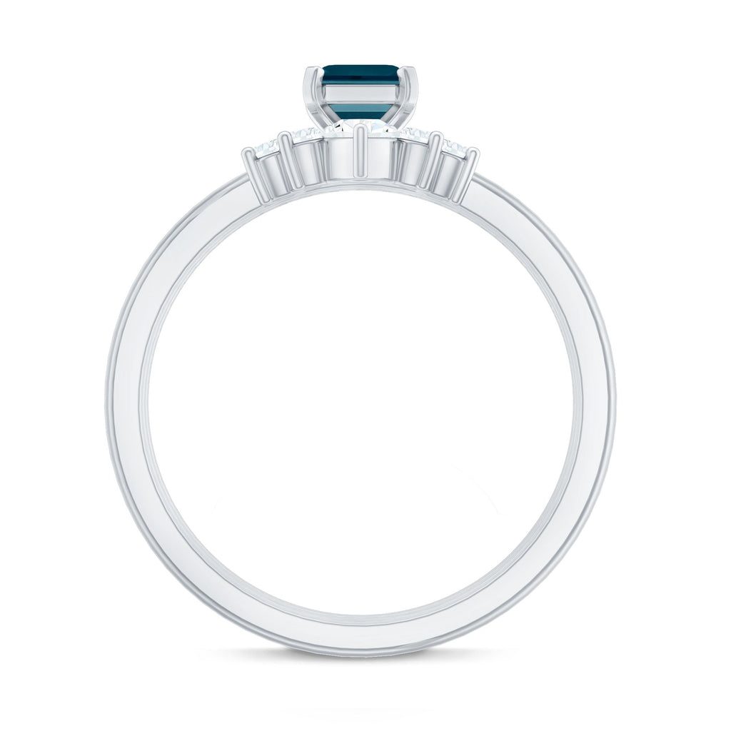 0.7 Carat Emerald Cut London Blue Topaz Solitaire Trio Ring Set with Diamond
