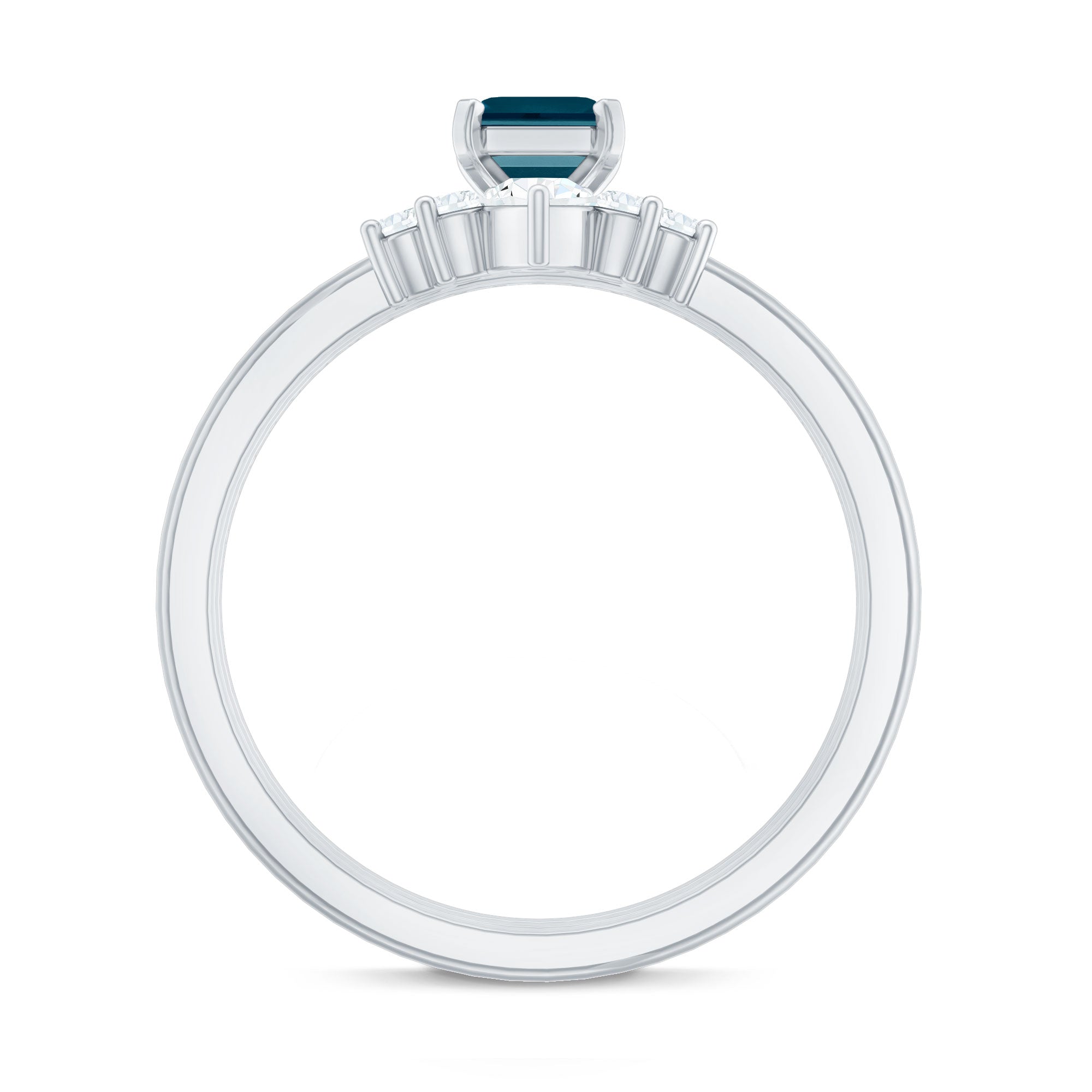 0.7 Carat Emerald Cut London Blue Topaz Solitaire Trio Ring Set with Diamond