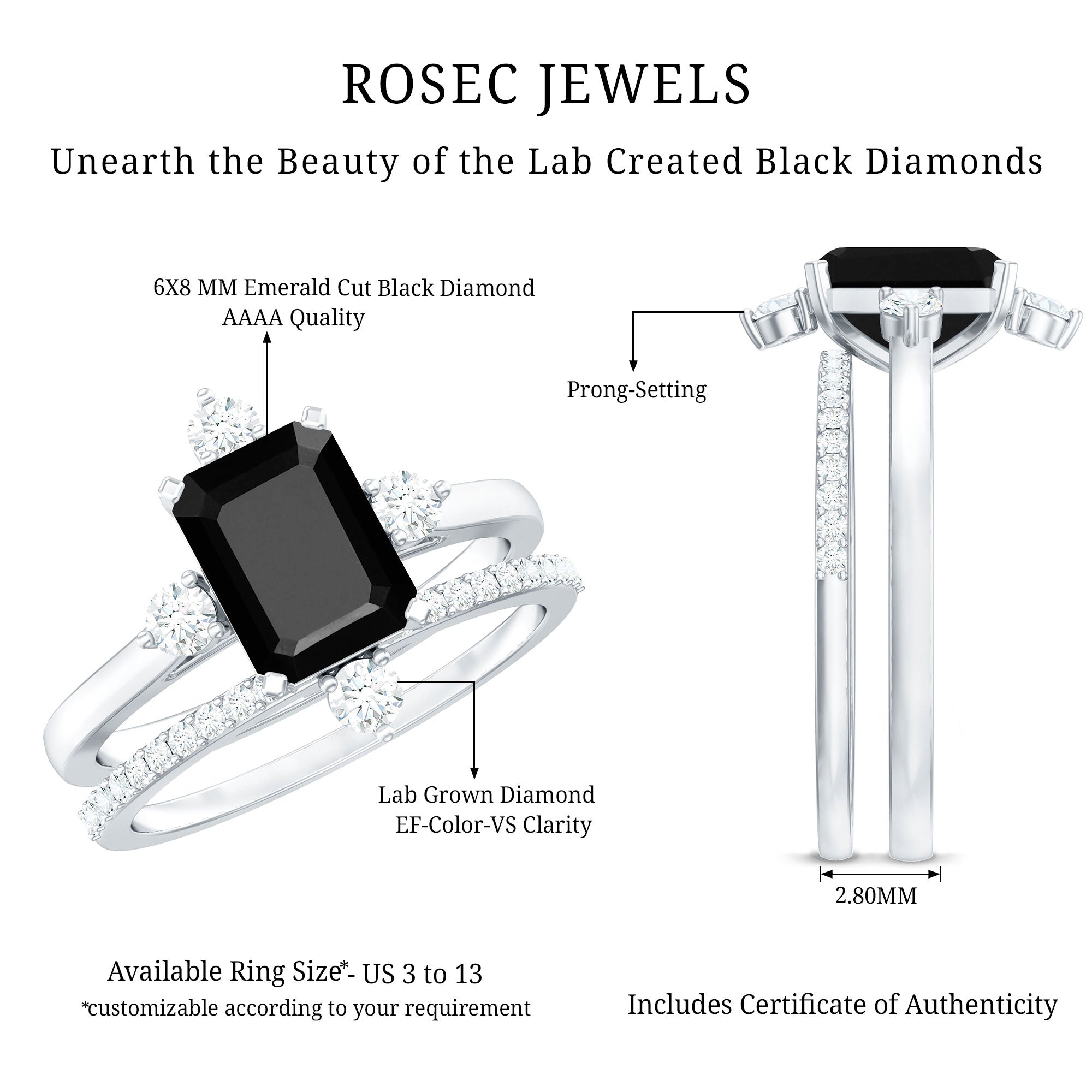 Certified 1.6 Carat Emerald Cut Lab Grown Black and White Diamond Engagement Ring with Enhancer