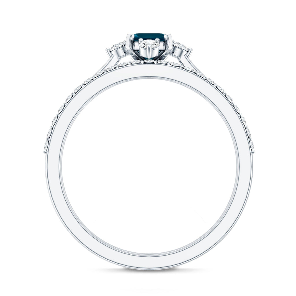 0.7 Carat Emerald Cut London Blue Topaz Wedding Ring Set with Diamond Band