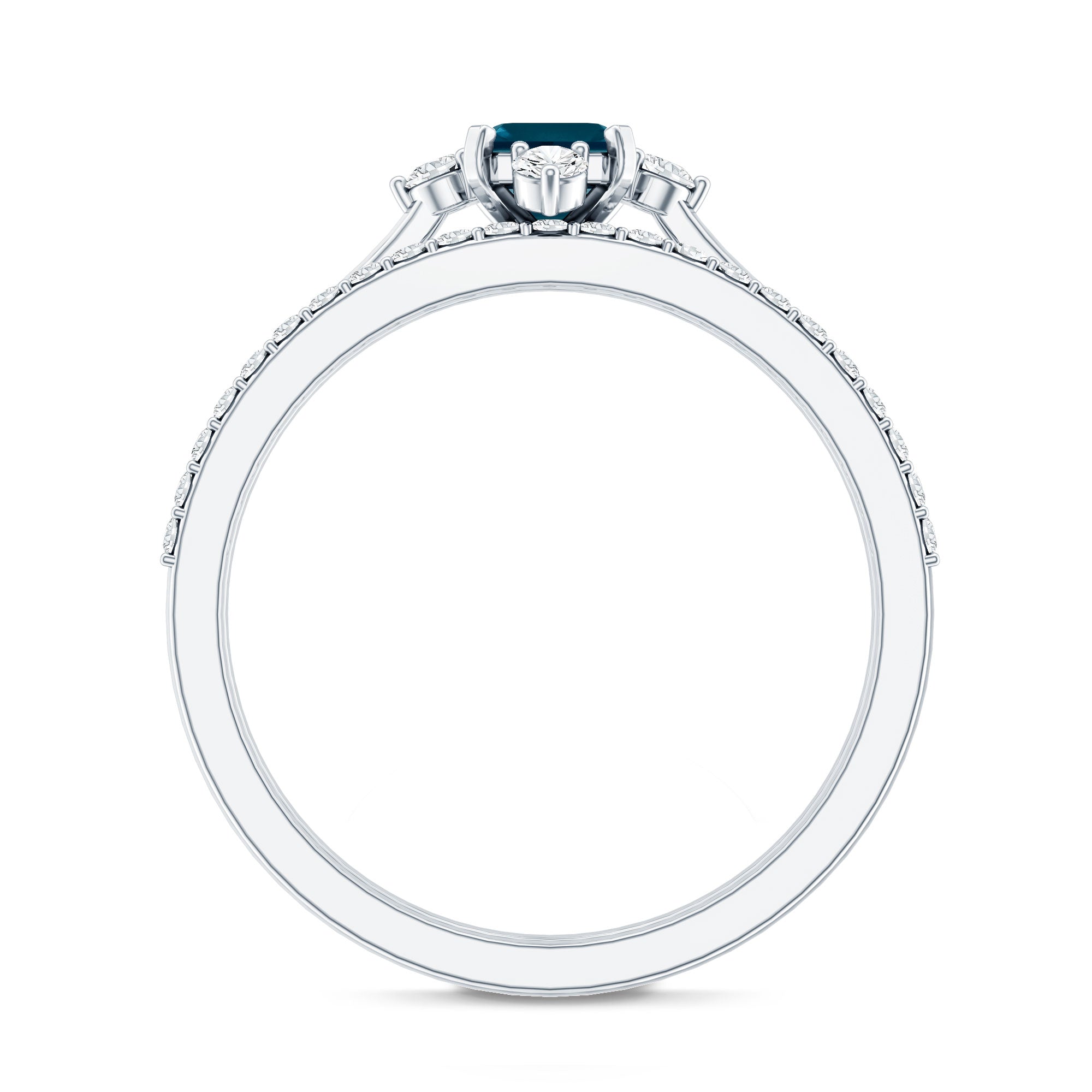 0.7 Carat Emerald Cut London Blue Topaz Wedding Ring Set with Diamond Band