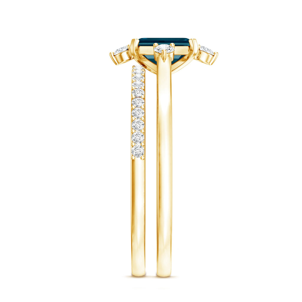 0.7 Carat Emerald Cut London Blue Topaz Wedding Ring Set with Diamond Band