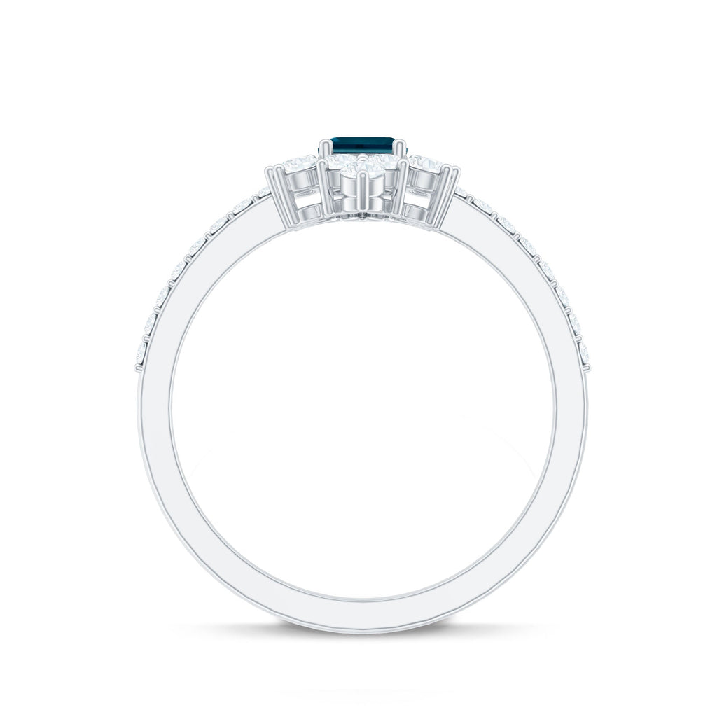 0.7 Carat Emerald Cut London Blue Topaz Antique Looking Engagement Ring with Diamond Halo