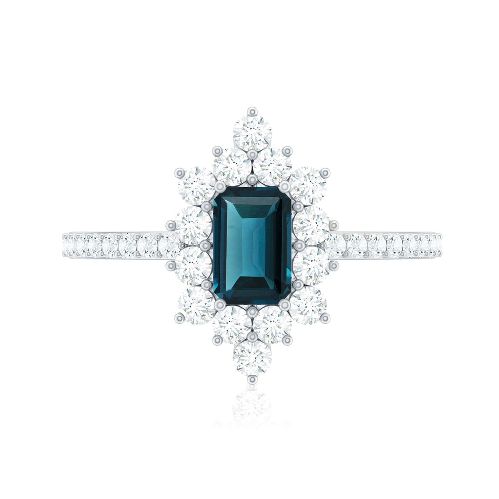0.7 Carat Emerald Cut London Blue Topaz Antique Looking Engagement Ring with Diamond Halo
