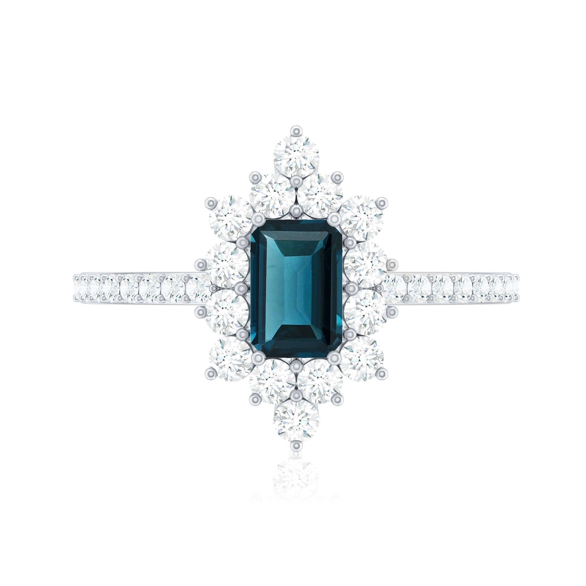 0.7 Carat Emerald Cut London Blue Topaz Antique Looking Engagement Ring with Diamond Halo
