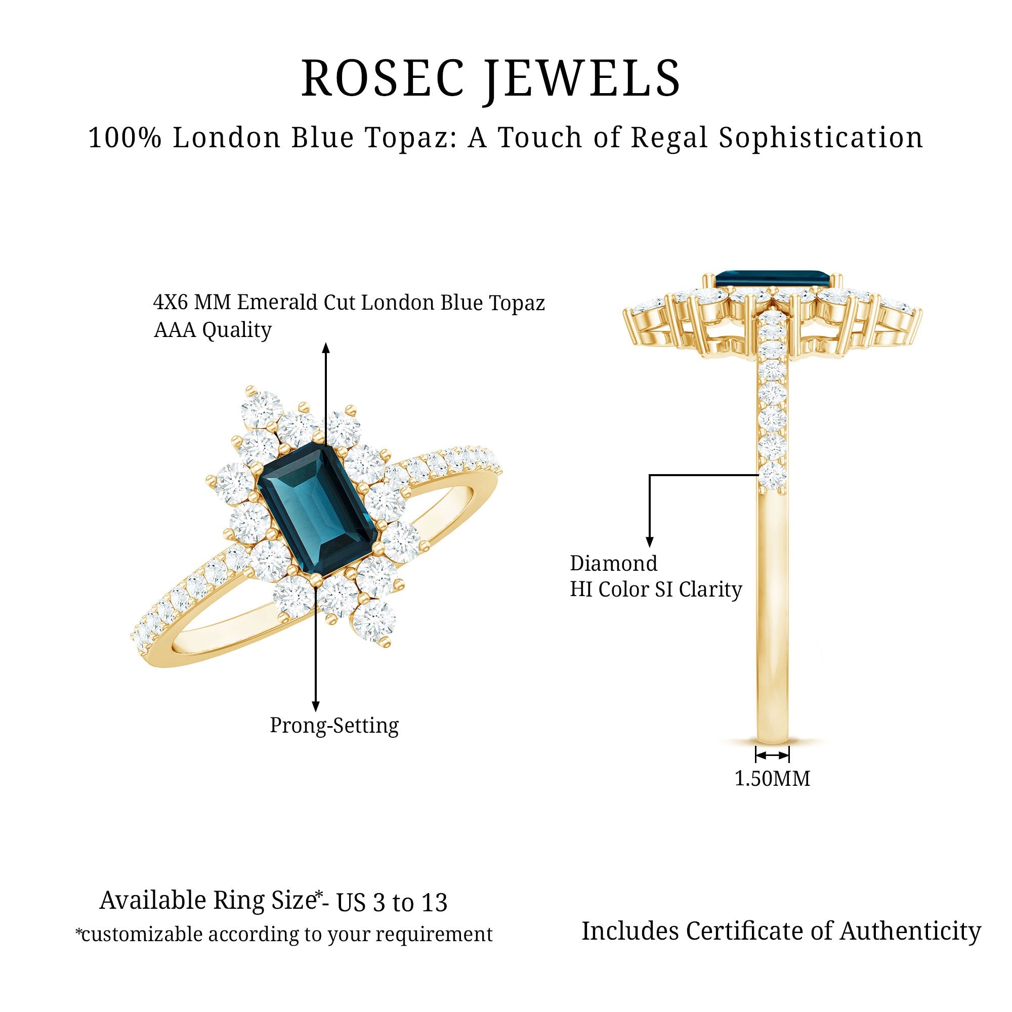 0.7 Carat Emerald Cut London Blue Topaz Antique Looking Engagement Ring with Diamond Halo