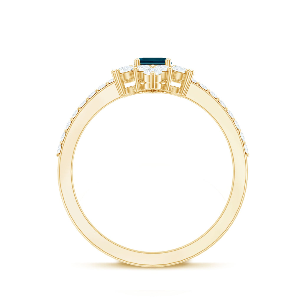 0.7 Carat Emerald Cut London Blue Topaz Antique Looking Engagement Ring with Diamond Halo