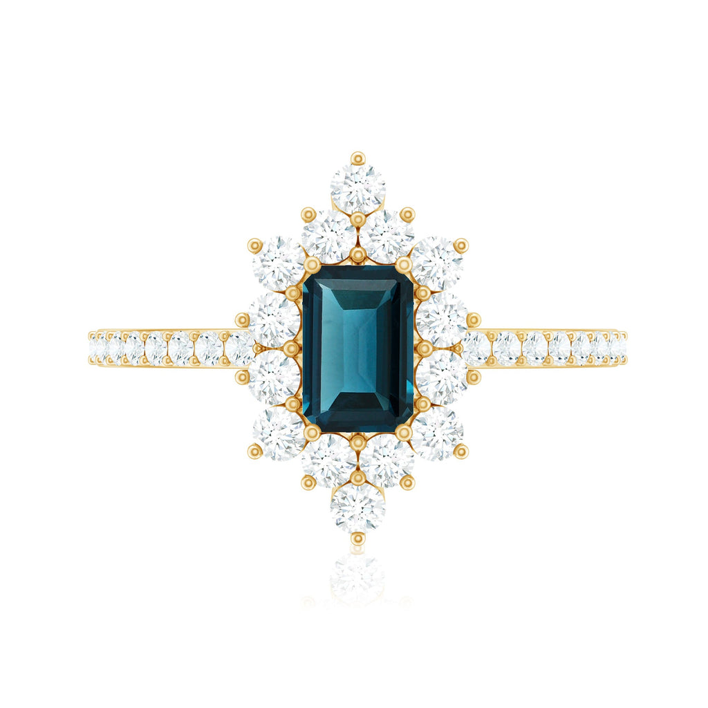 0.7 Carat Emerald Cut London Blue Topaz Antique Looking Engagement Ring with Diamond Halo