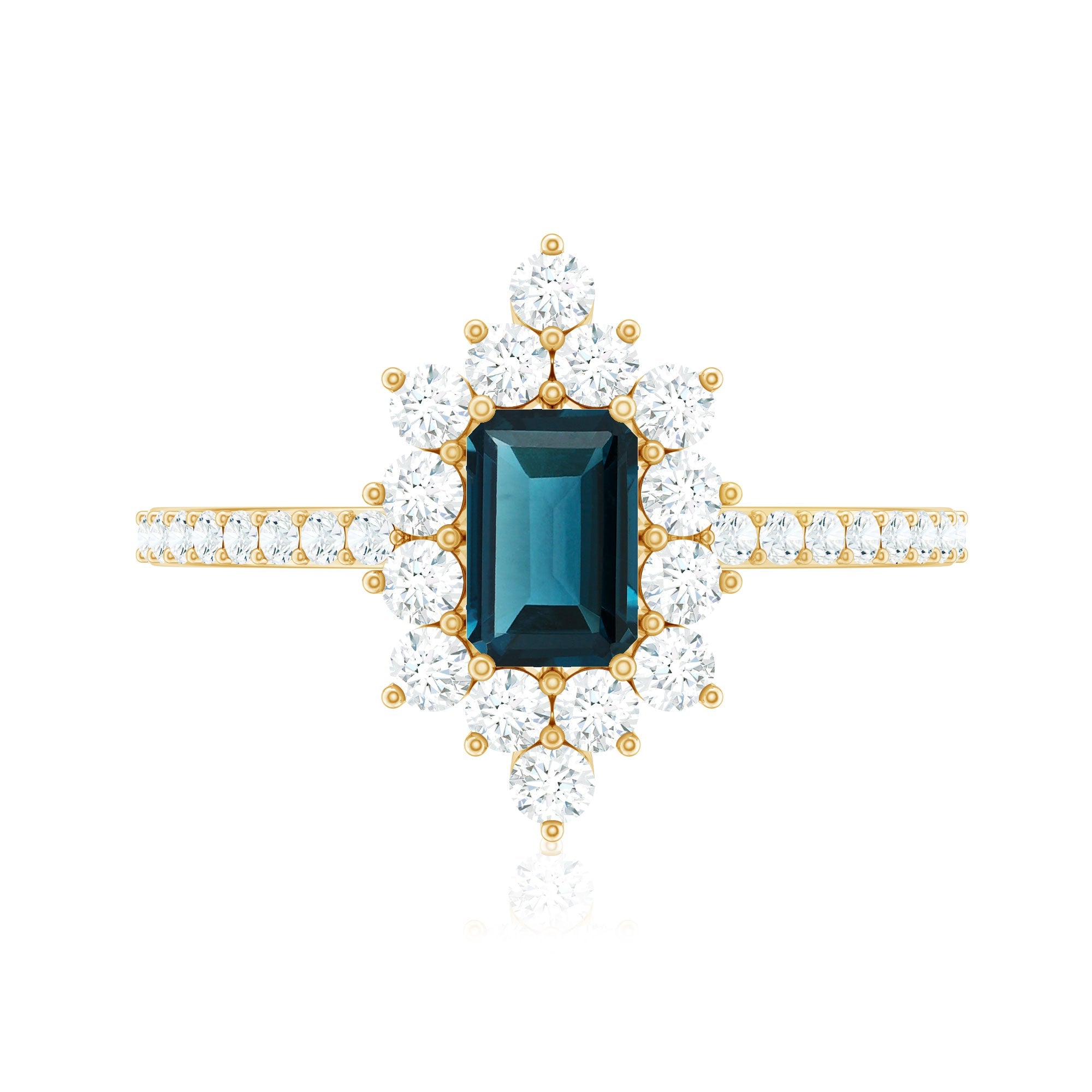0.7 Carat Emerald Cut London Blue Topaz Antique Looking Engagement Ring with Diamond Halo