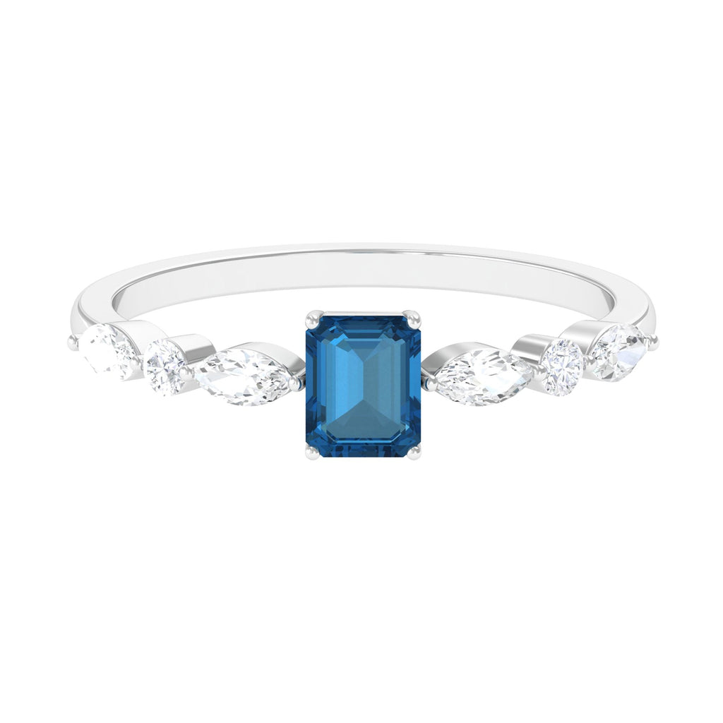 0.7 Carat Emerald Cut London Blue Topaz Solitaire Ring with Diamond