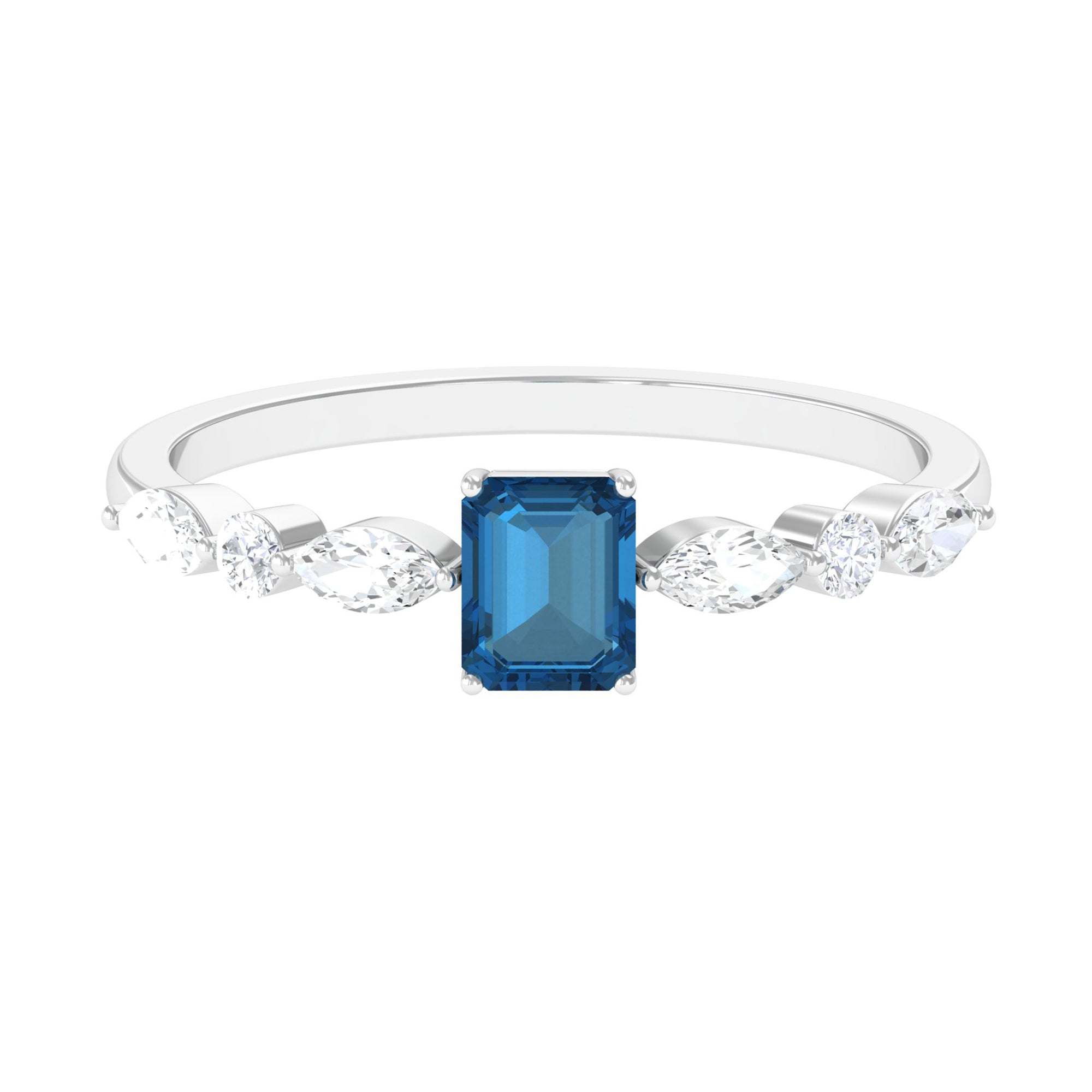0.7 Carat Emerald Cut London Blue Topaz Solitaire Ring with Diamond