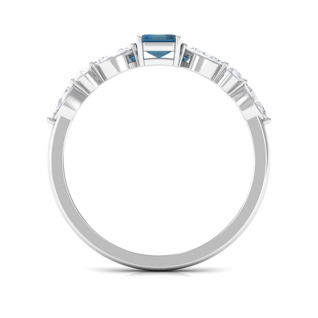 0.7 Carat Emerald Cut London Blue Topaz Solitaire Ring with Diamond